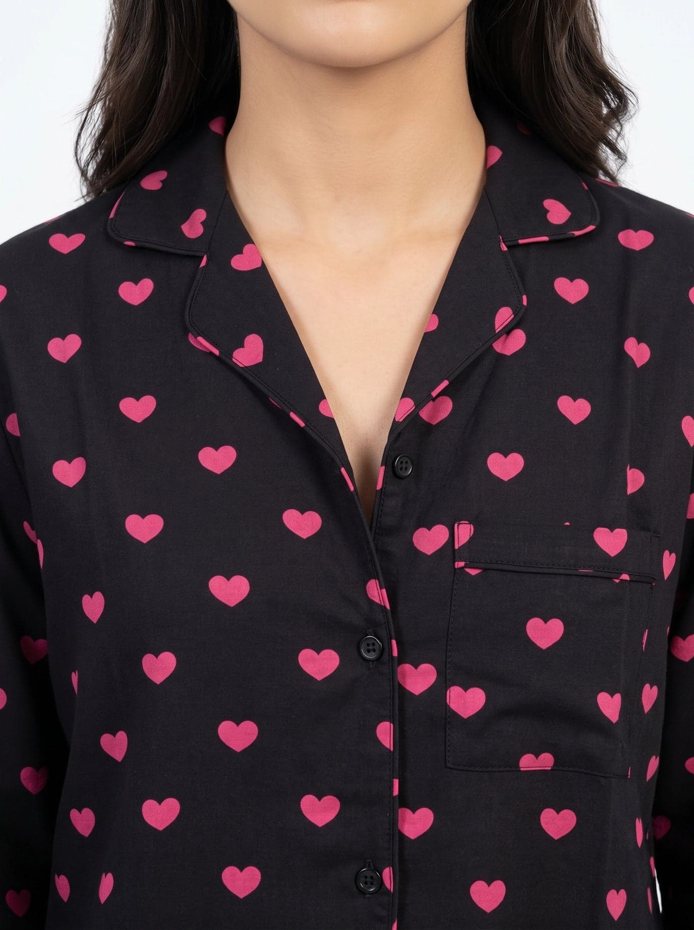 Black and Pink Heart Print Linen PJ Set for Women - view 4