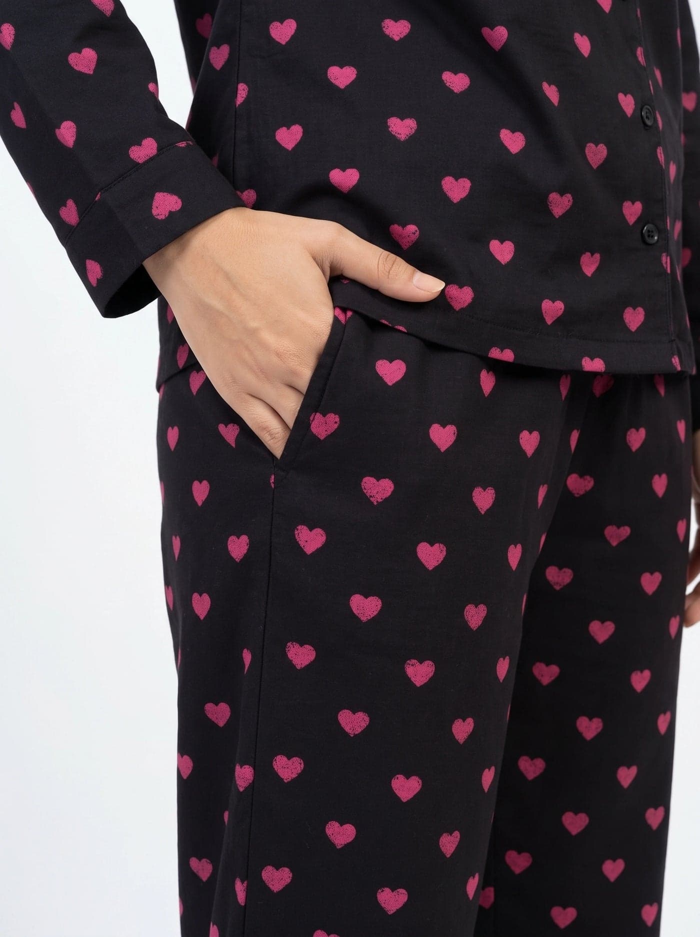 Black and Pink Heart Print Linen PJ Set for Women - view 6
