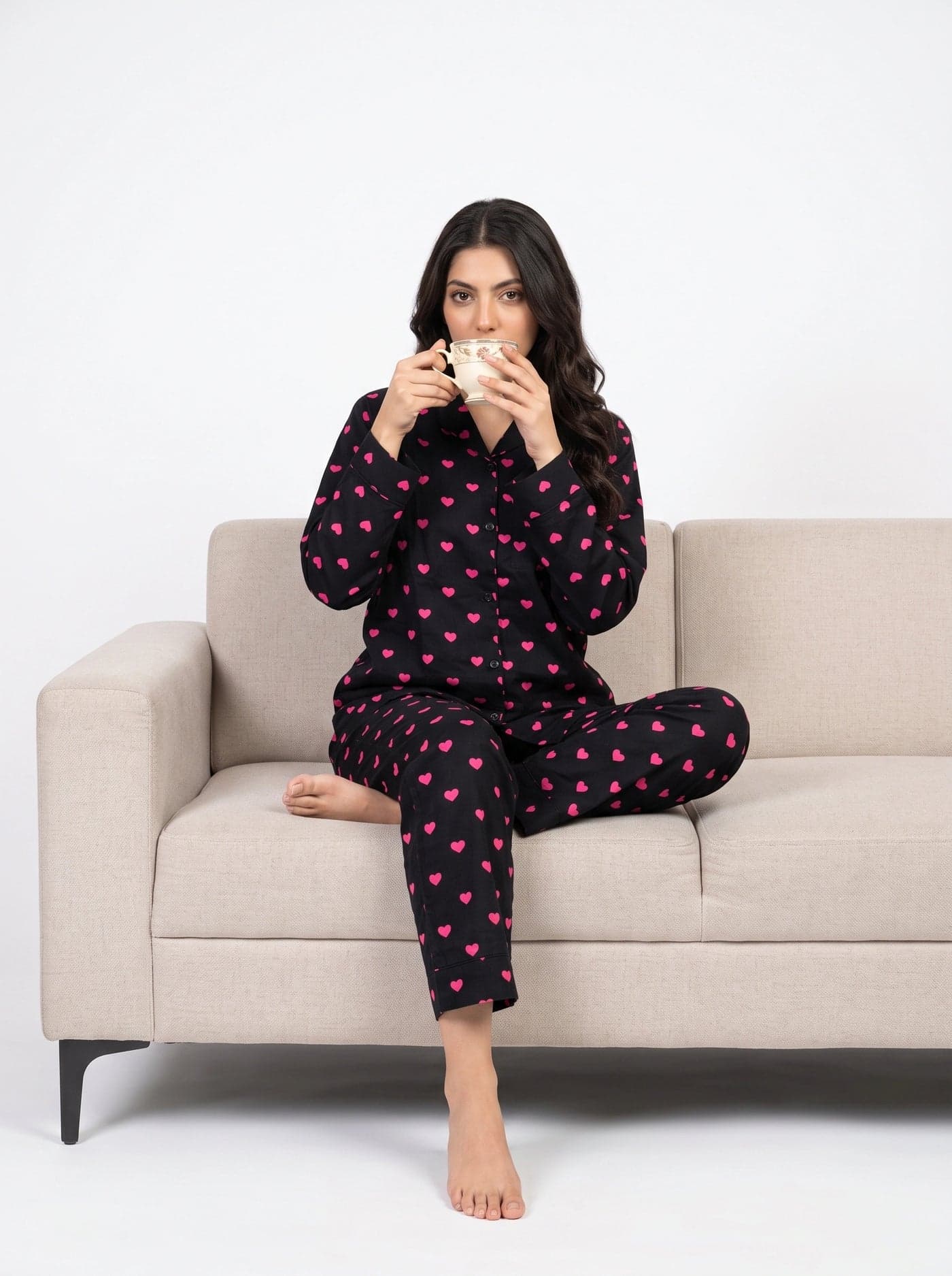 Black and Pink Heart Print Linen PJ Set for Women - view 7