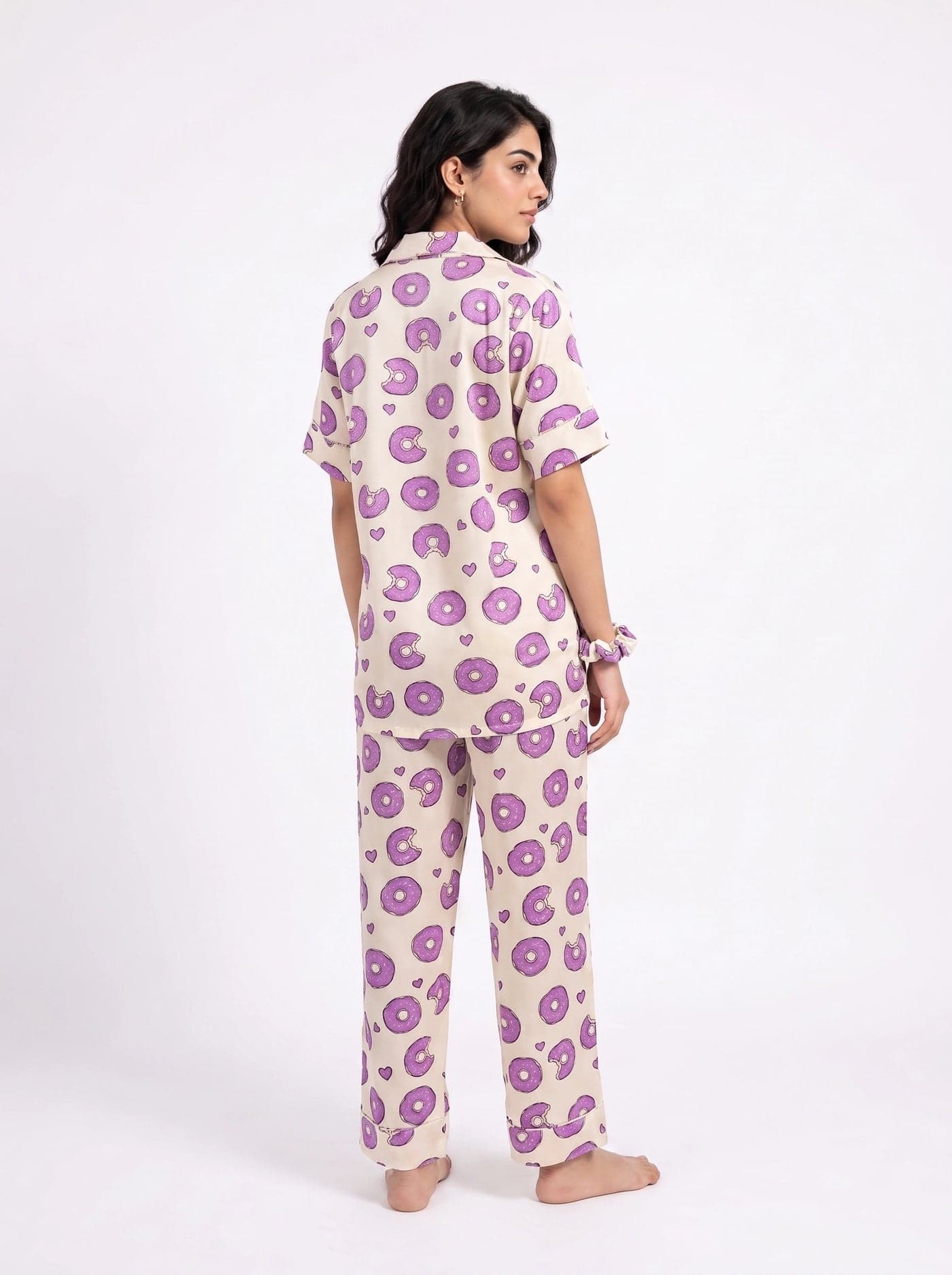 Cream Donut Print Half Sleeve Linen PJ Set for Women - view 2
