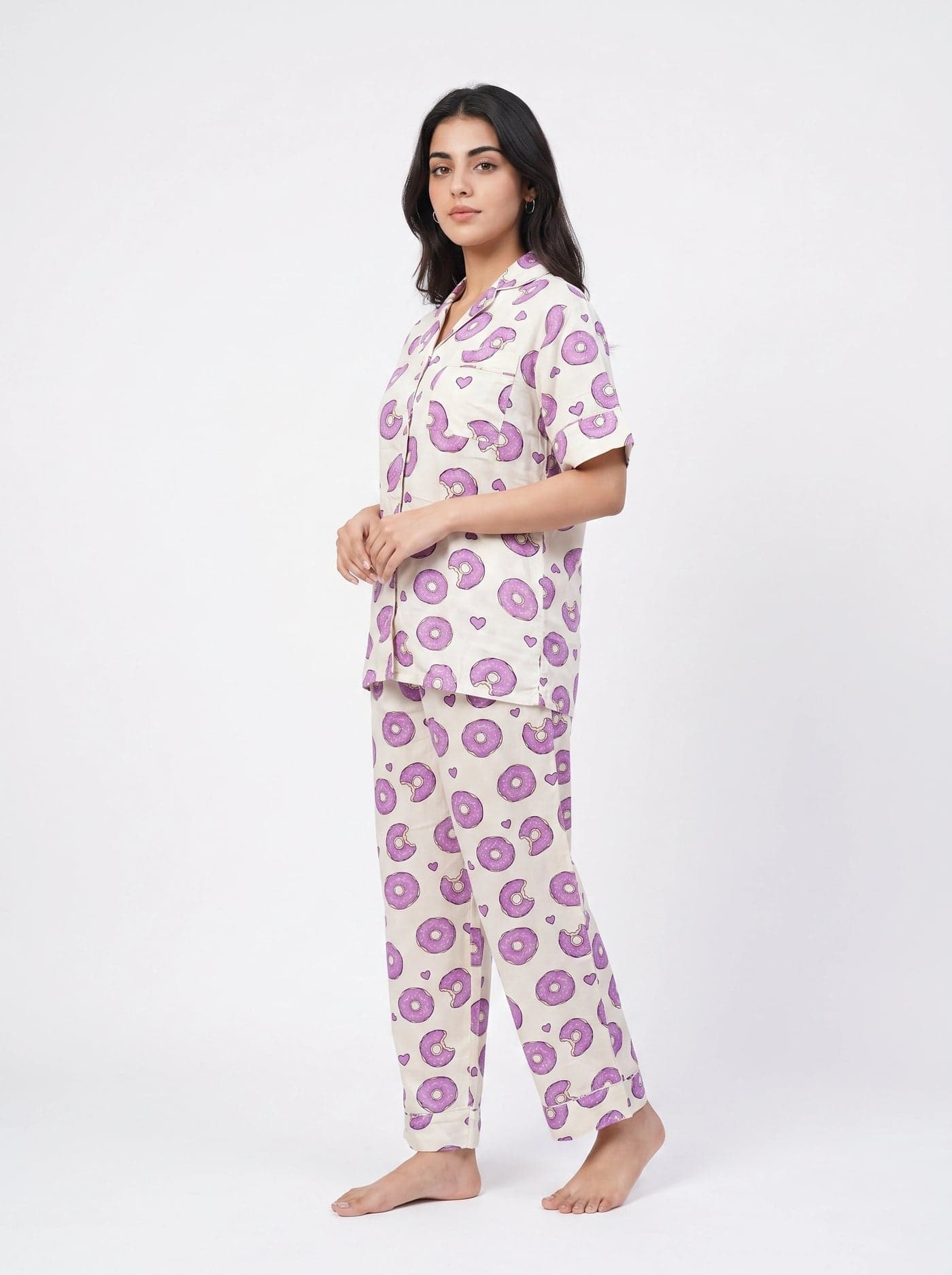 Cream Donut Print Half Sleeve Linen PJ Set for Women - view 3
