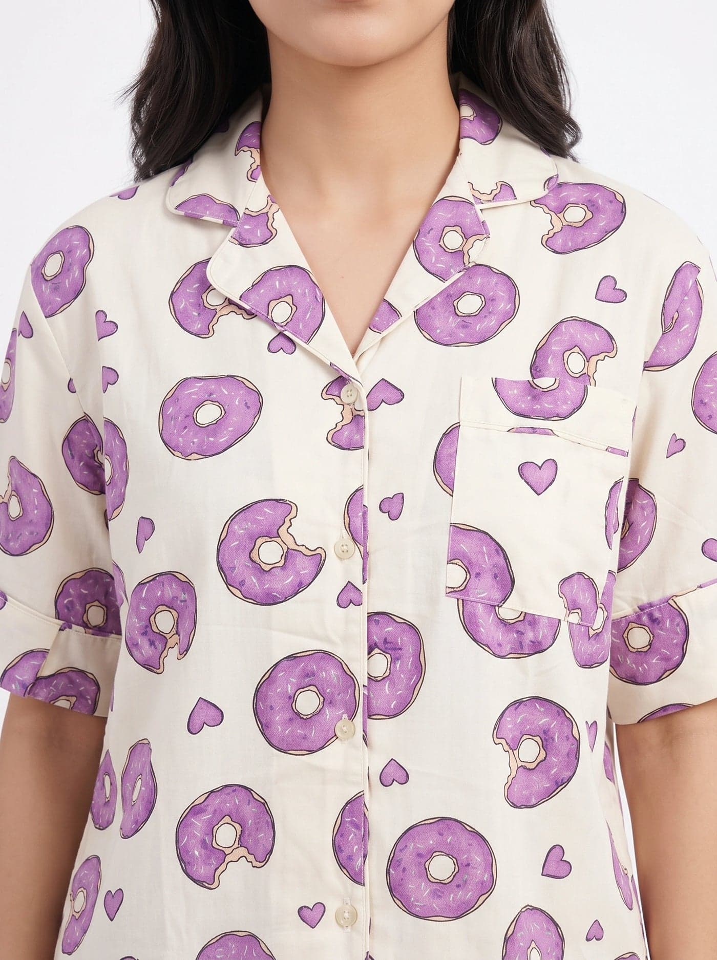 Cream Donut Print Half Sleeve Linen PJ Set for Women - view 4