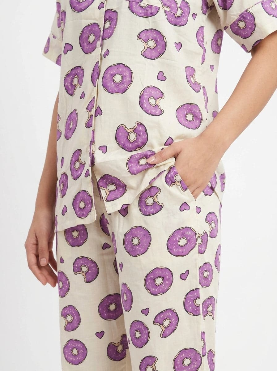 Cream Donut Print Half Sleeve Linen PJ Set for Women - view 6