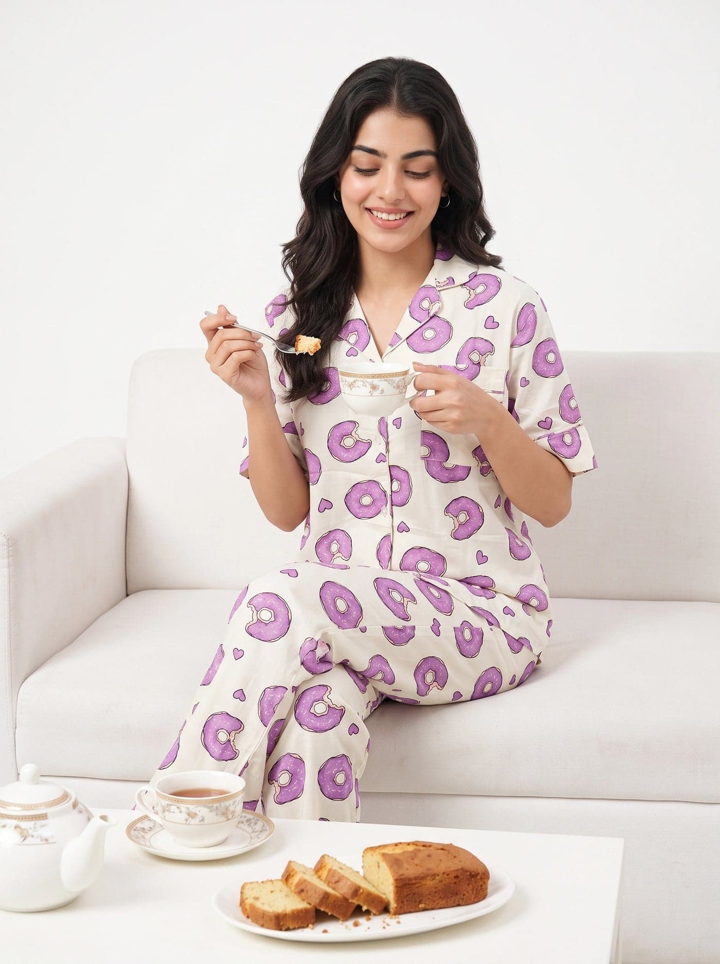 Cream Donut Print Half Sleeve Linen PJ Set for Women - view 8