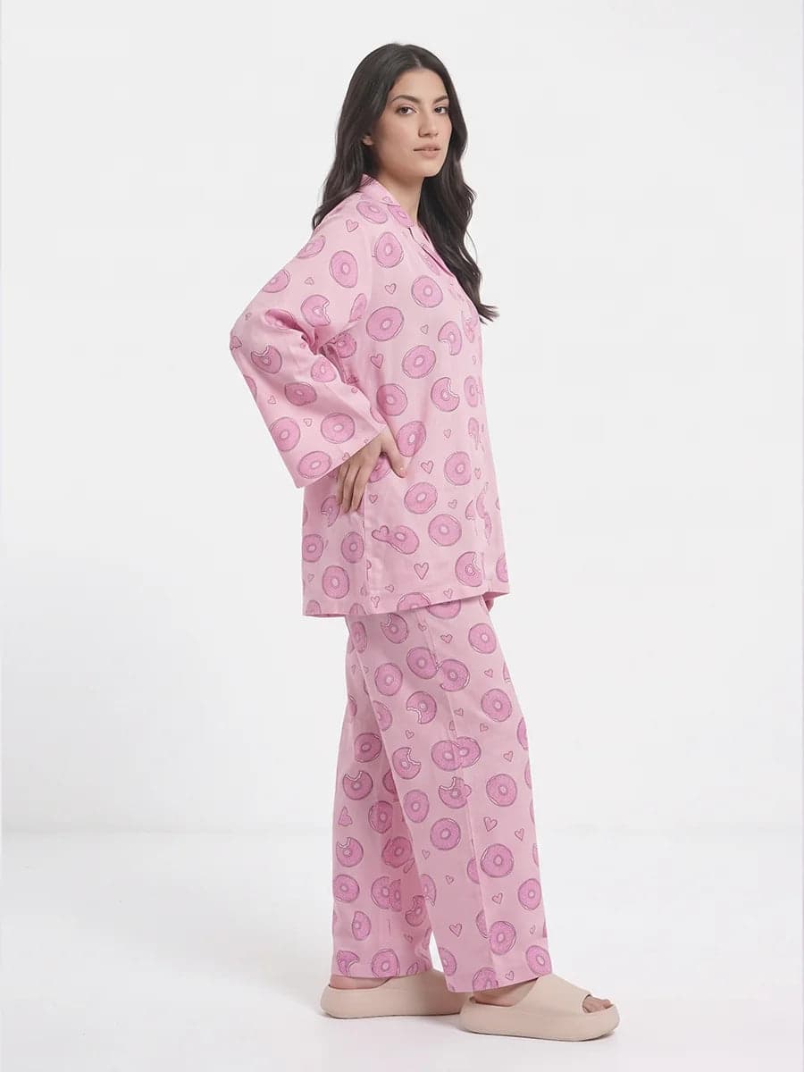 Pink Donut Print Linen PJ Set for Women - view 2