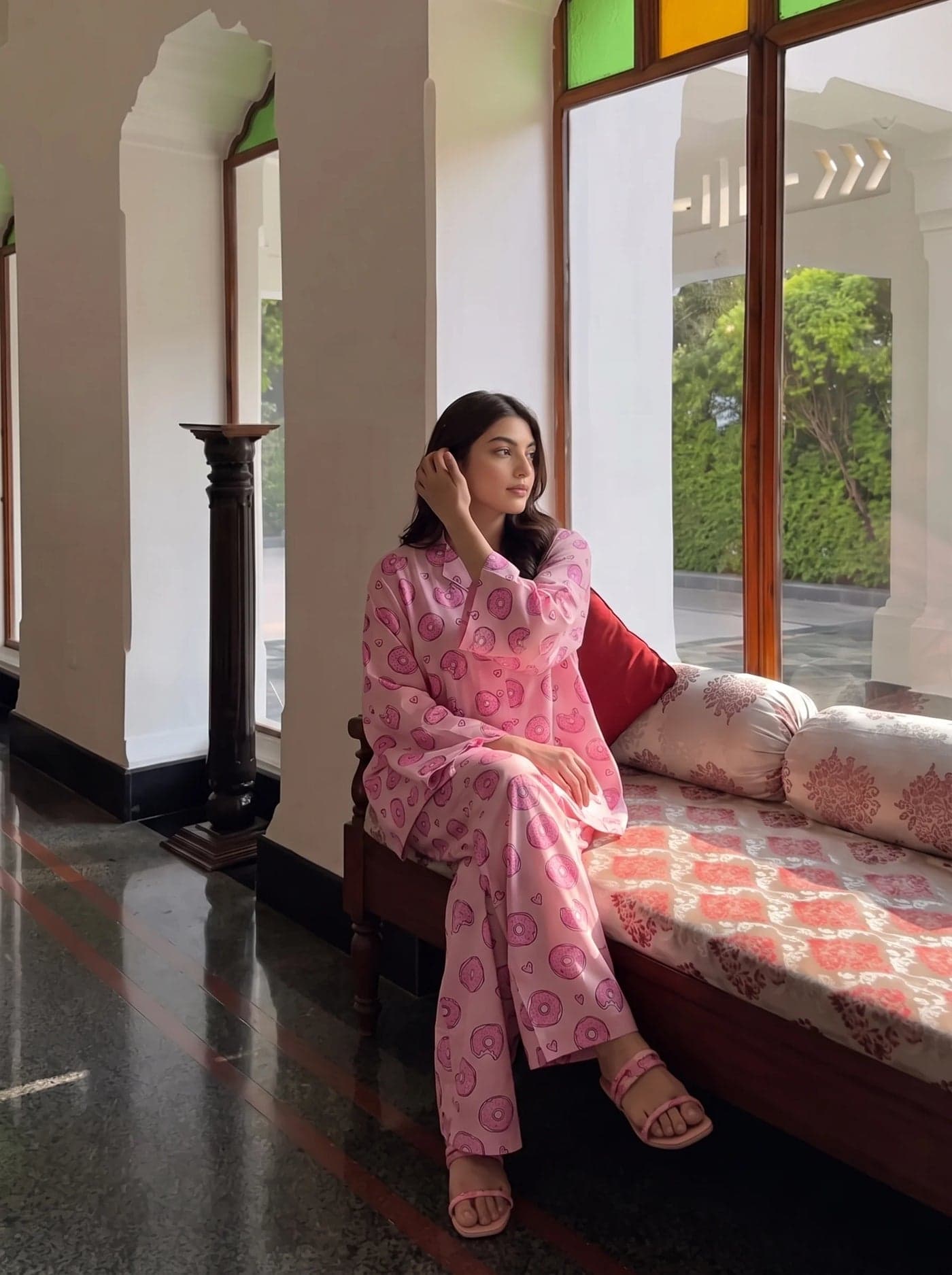 Pink Donut Print Linen PJ Set for Women - view 7