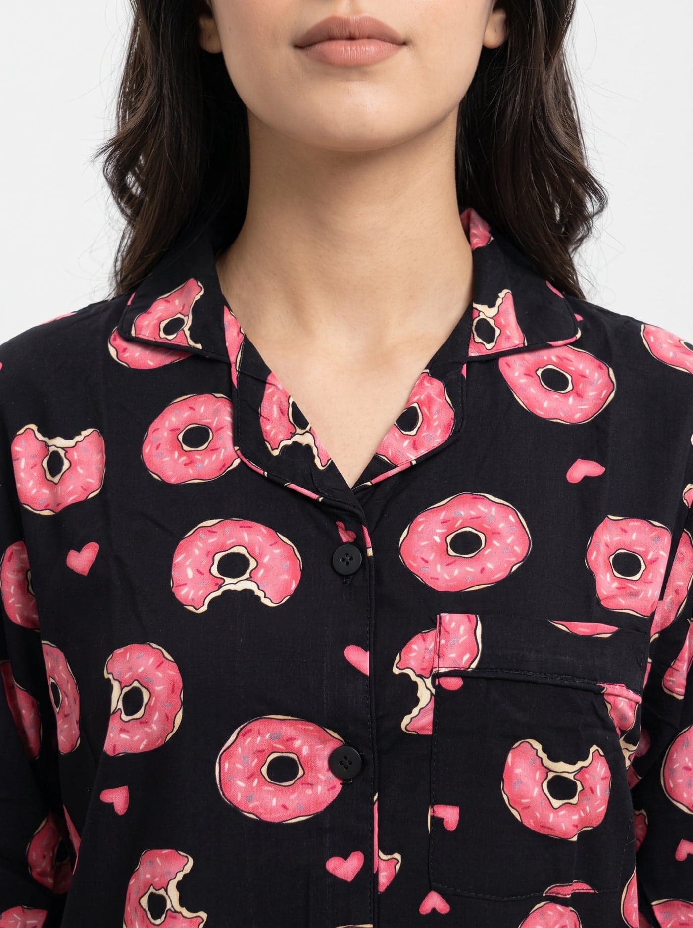 Black Donut Print Linen PJ Set for Women - view 2