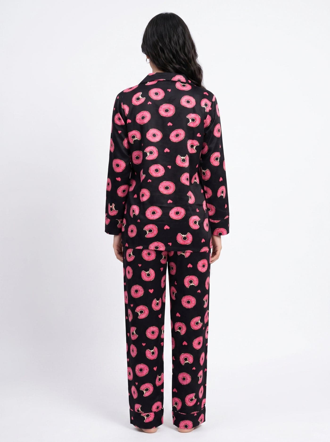Black Donut Print Linen PJ Set for Women - view 3