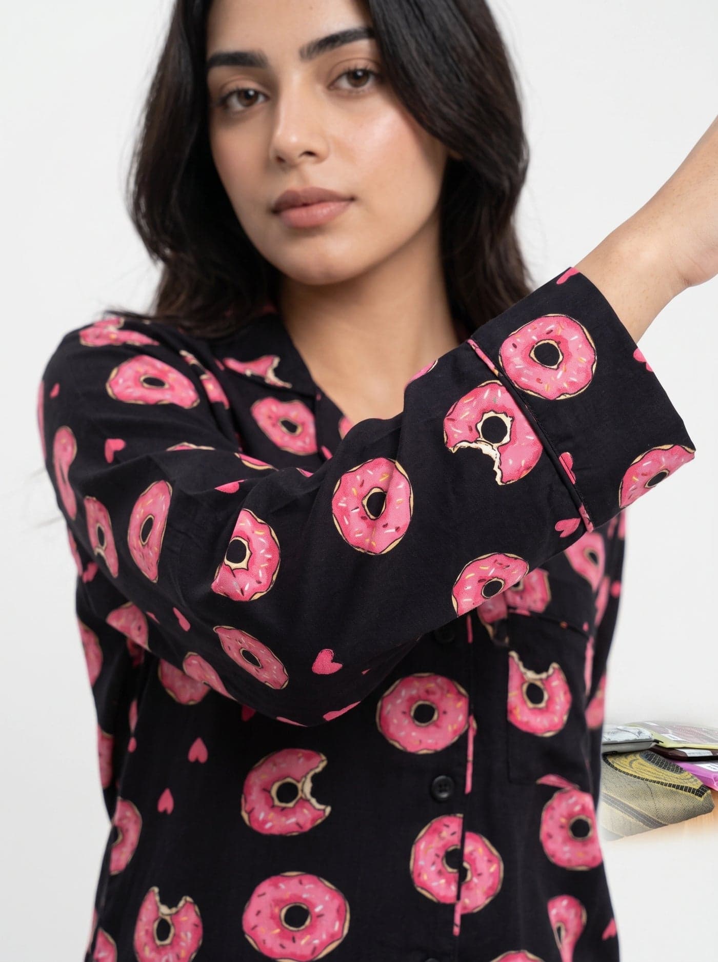 Black Donut Print Linen PJ Set for Women - view 4