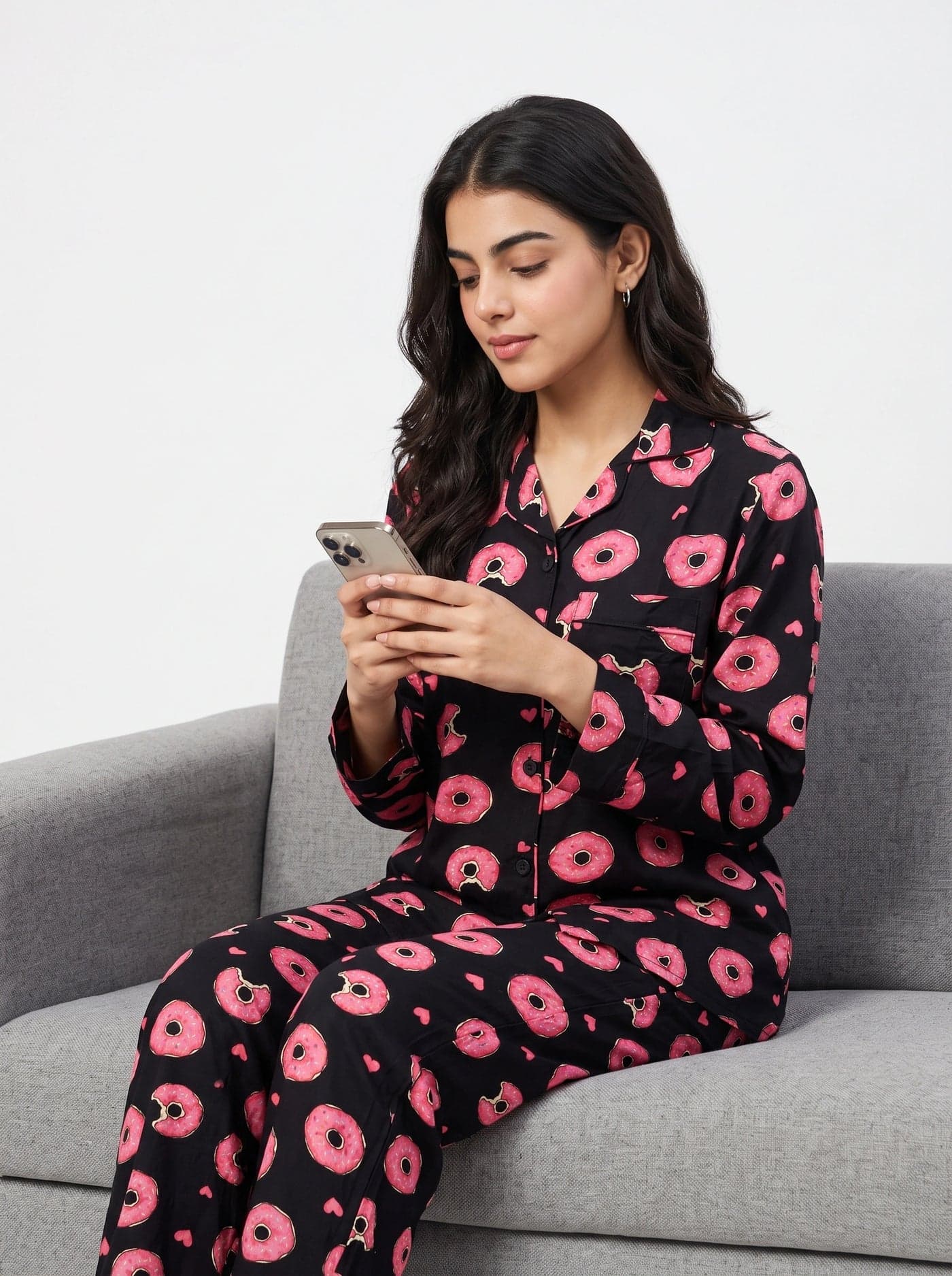 Black Donut Print Linen PJ Set for Women - view 5