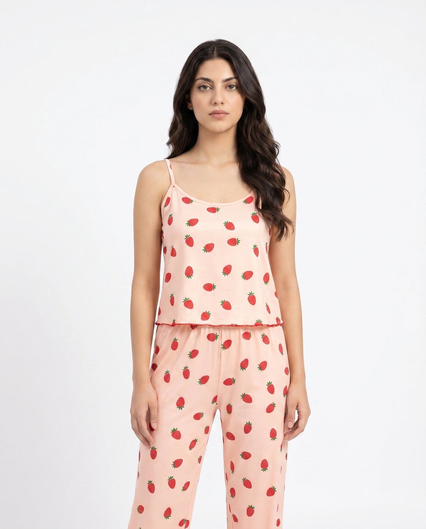Peach Strawberry Print Cotton Cami and Pajama Set for Women - view 2