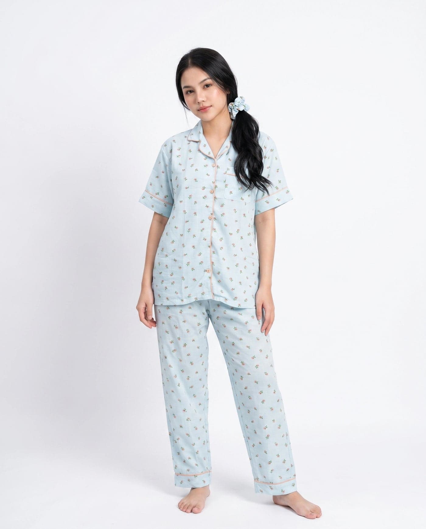 Sky Blue Floral Crinkled Cotton PJ Set for Women