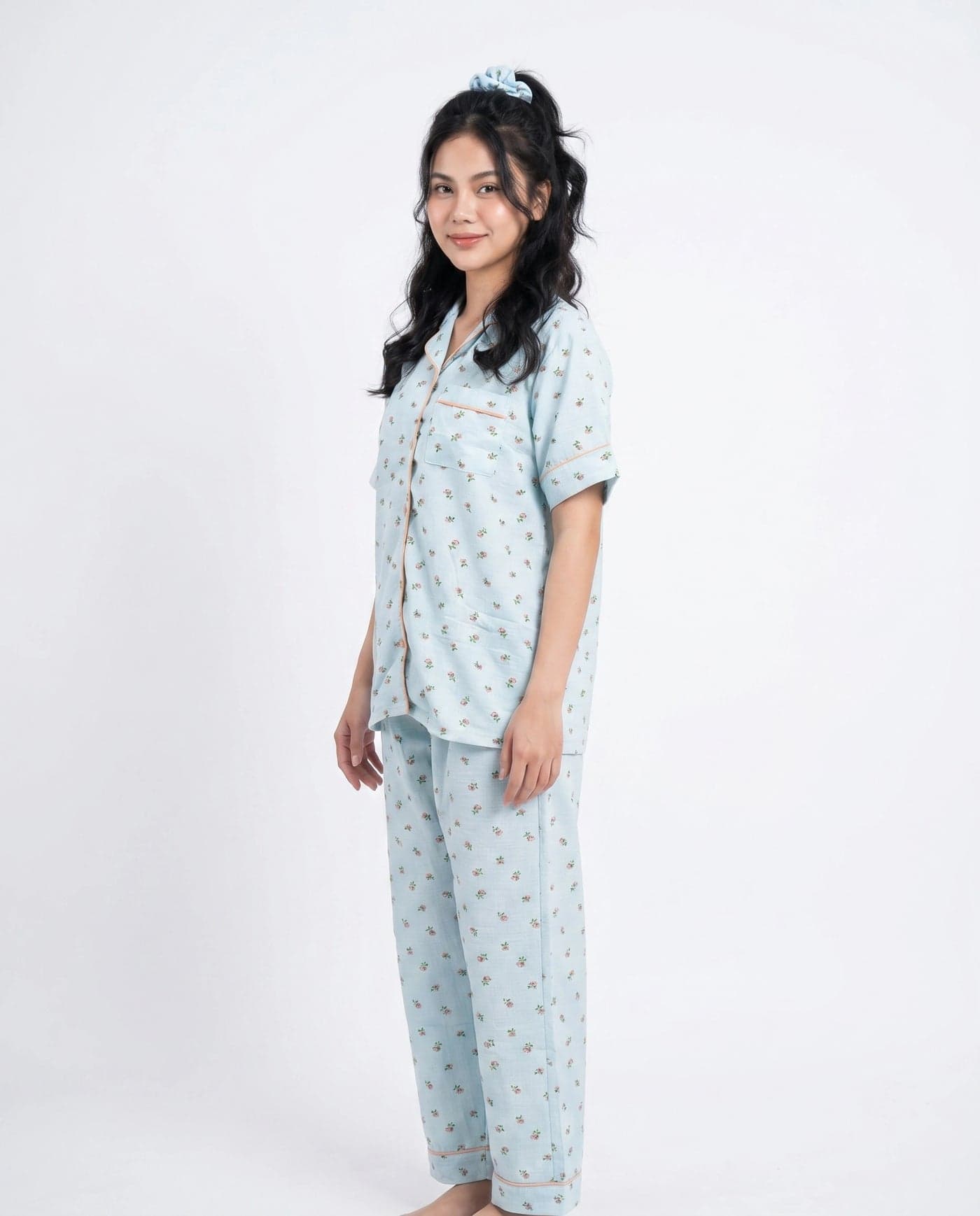 Sky Blue Floral Crinkled Cotton PJ Set for Women - view 2