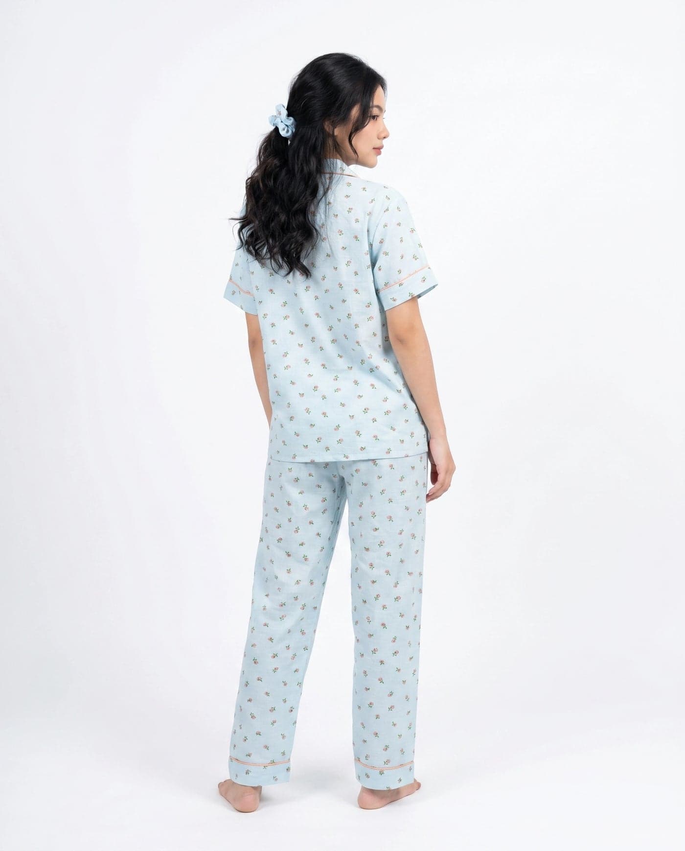 Sky Blue Floral Crinkled Cotton PJ Set for Women - view 3
