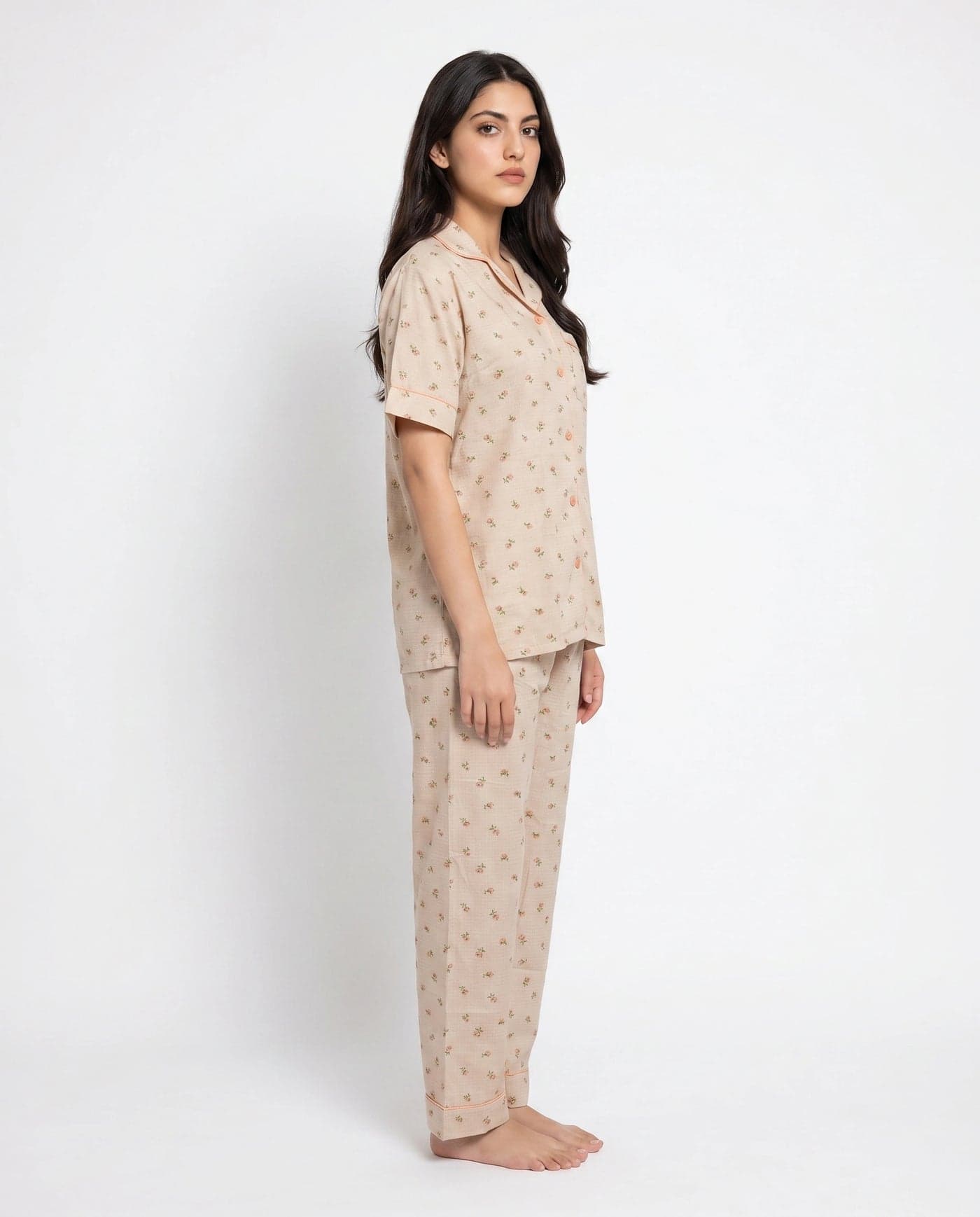Beige and Brown Floral Crinkled Cotton PJ Set for Women - view 2