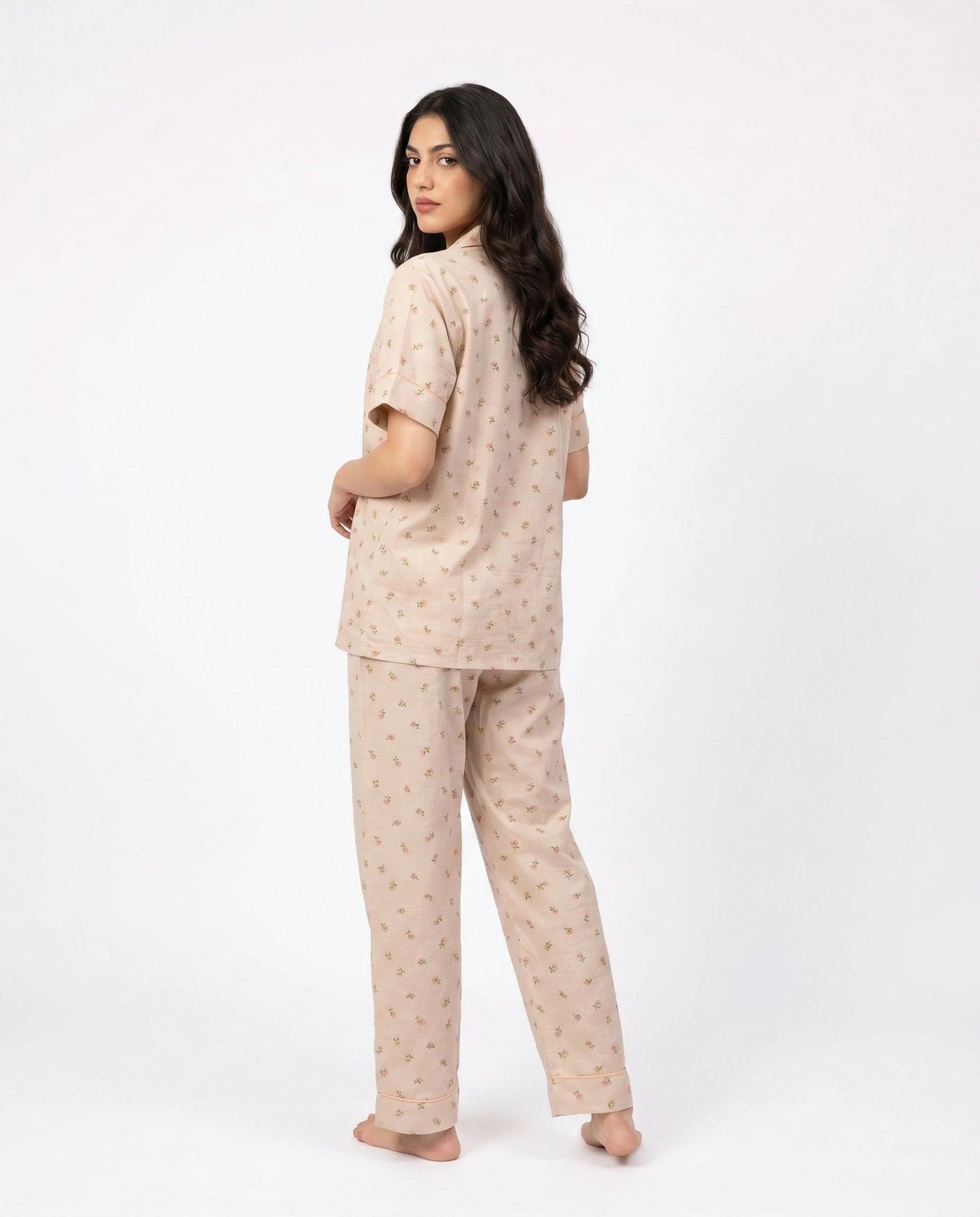Beige and Brown Floral Crinkled Cotton PJ Set for Women - view 3
