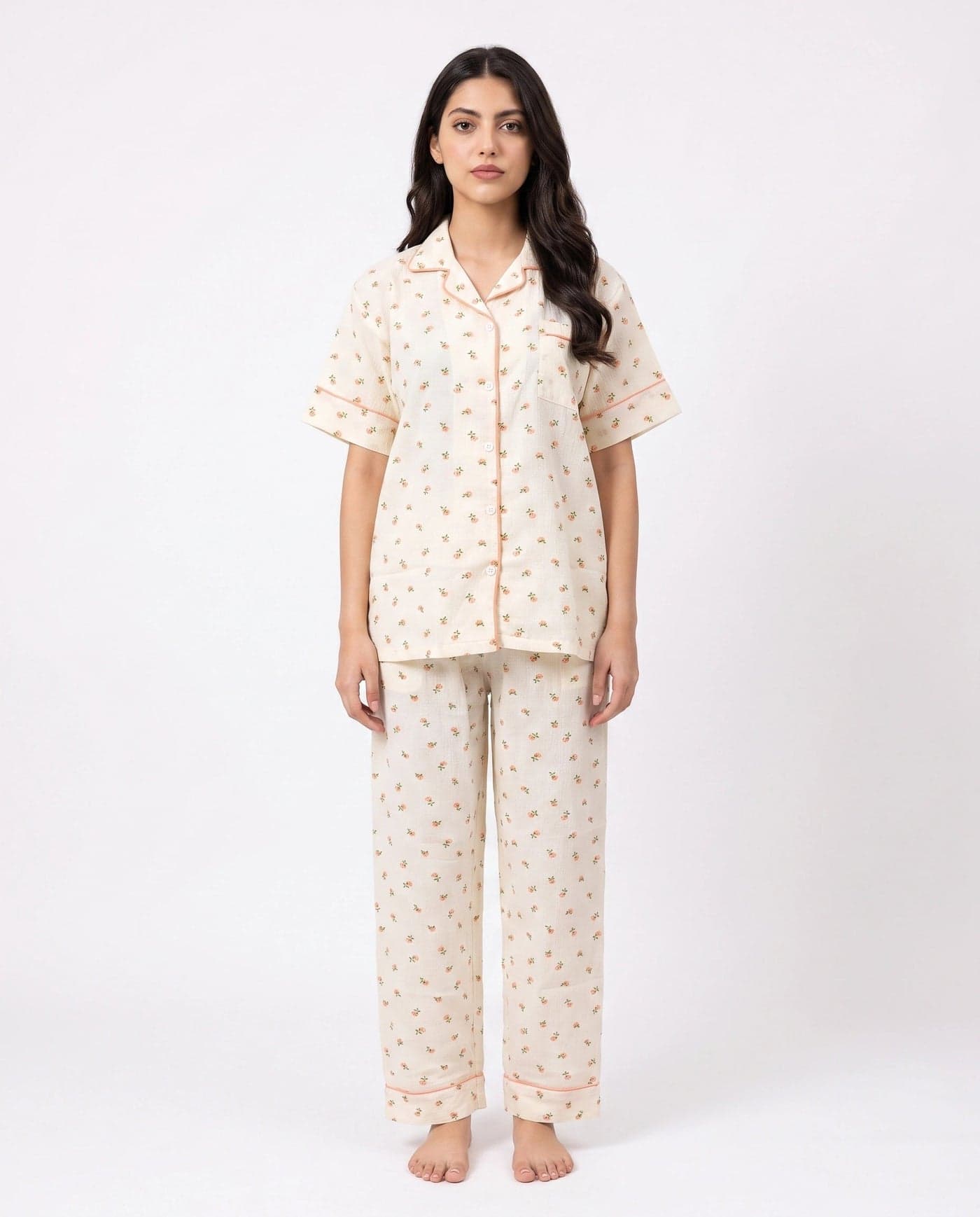Beige and Peach Floral Crinkled Cotton PJ Set for Women