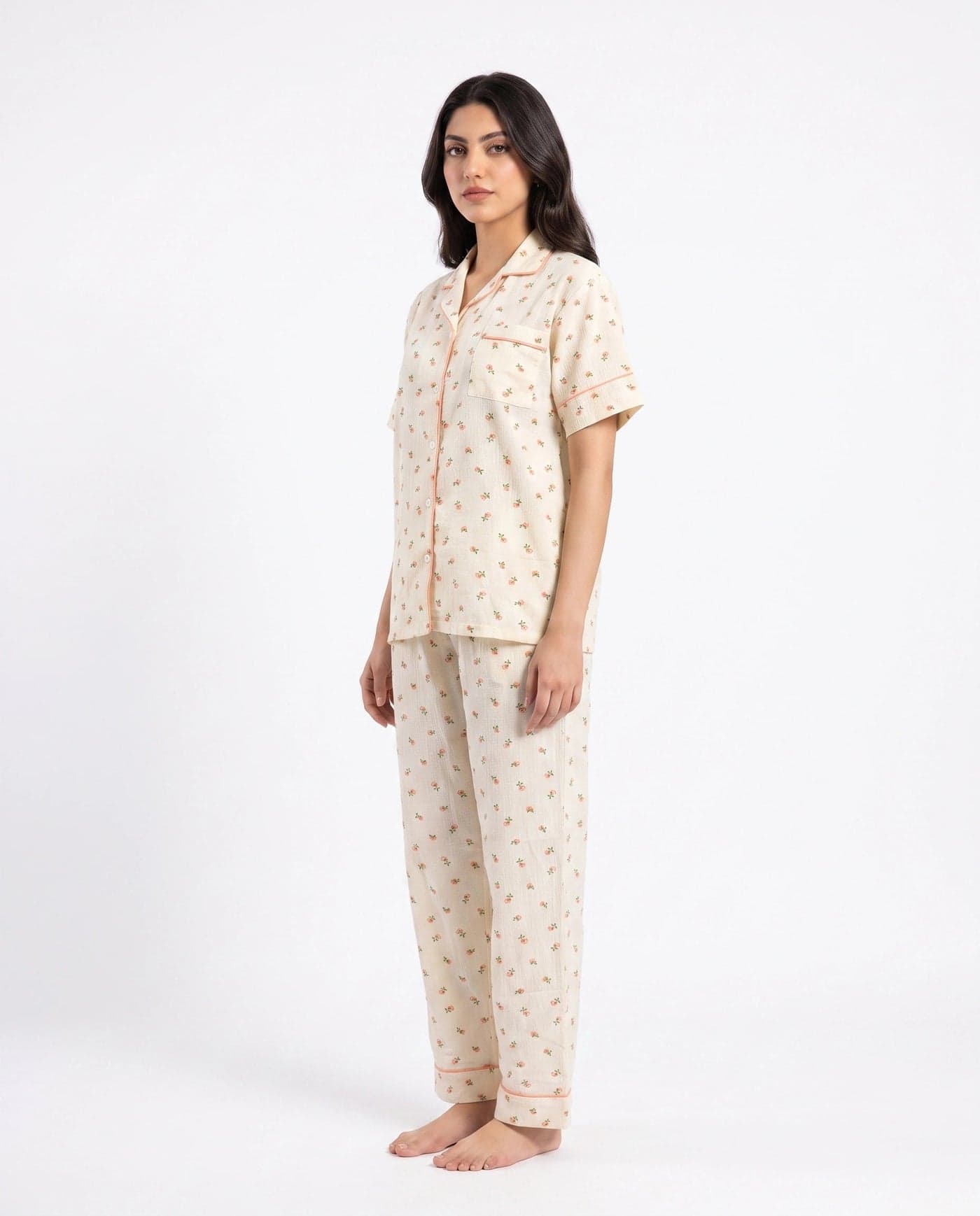 Beige and Peach Floral Crinkled Cotton PJ Set for Women - view 2