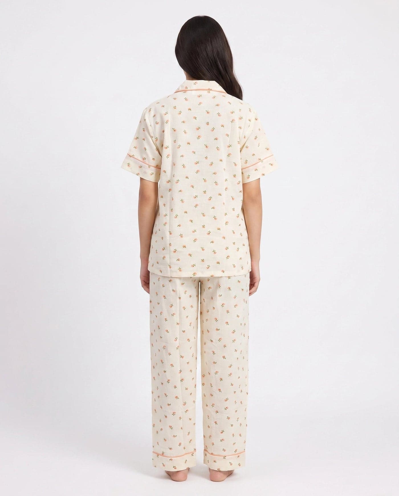 Beige and Peach Floral Crinkled Cotton PJ Set for Women - view 3