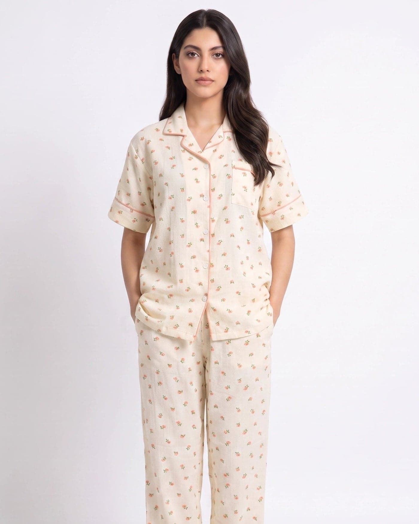 Beige and Peach Floral Crinkled Cotton PJ Set for Women - view 4