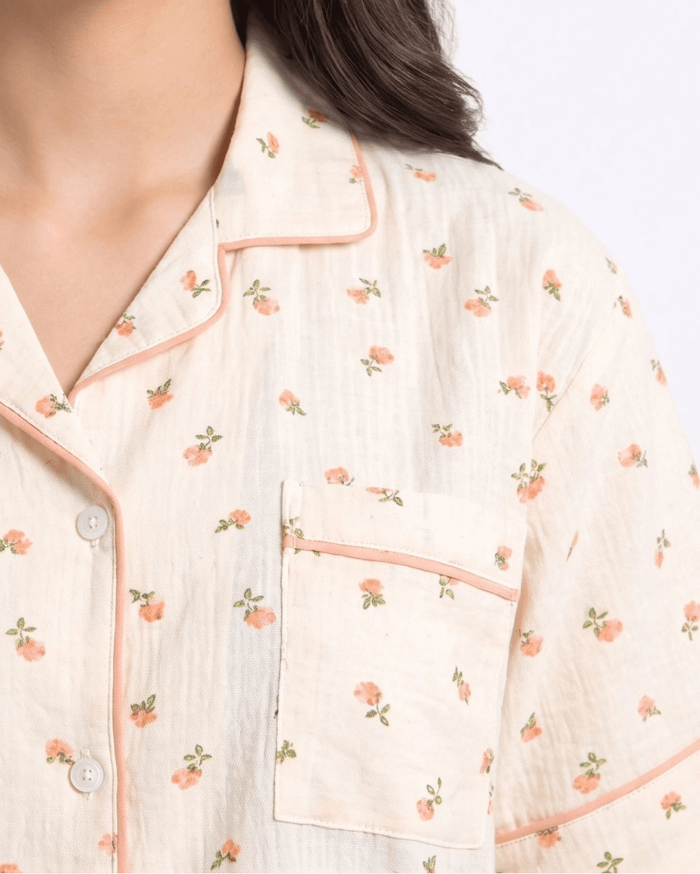 Beige and Peach Floral Crinkled Cotton PJ Set for Women - view 5