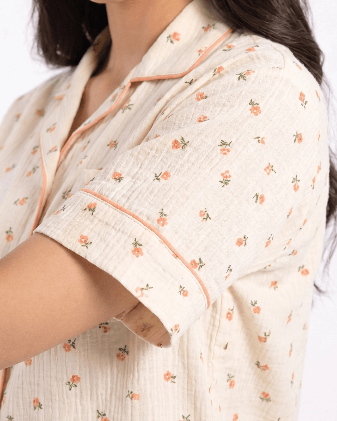 Beige and Peach Floral Crinkled Cotton PJ Set for Women - view 7