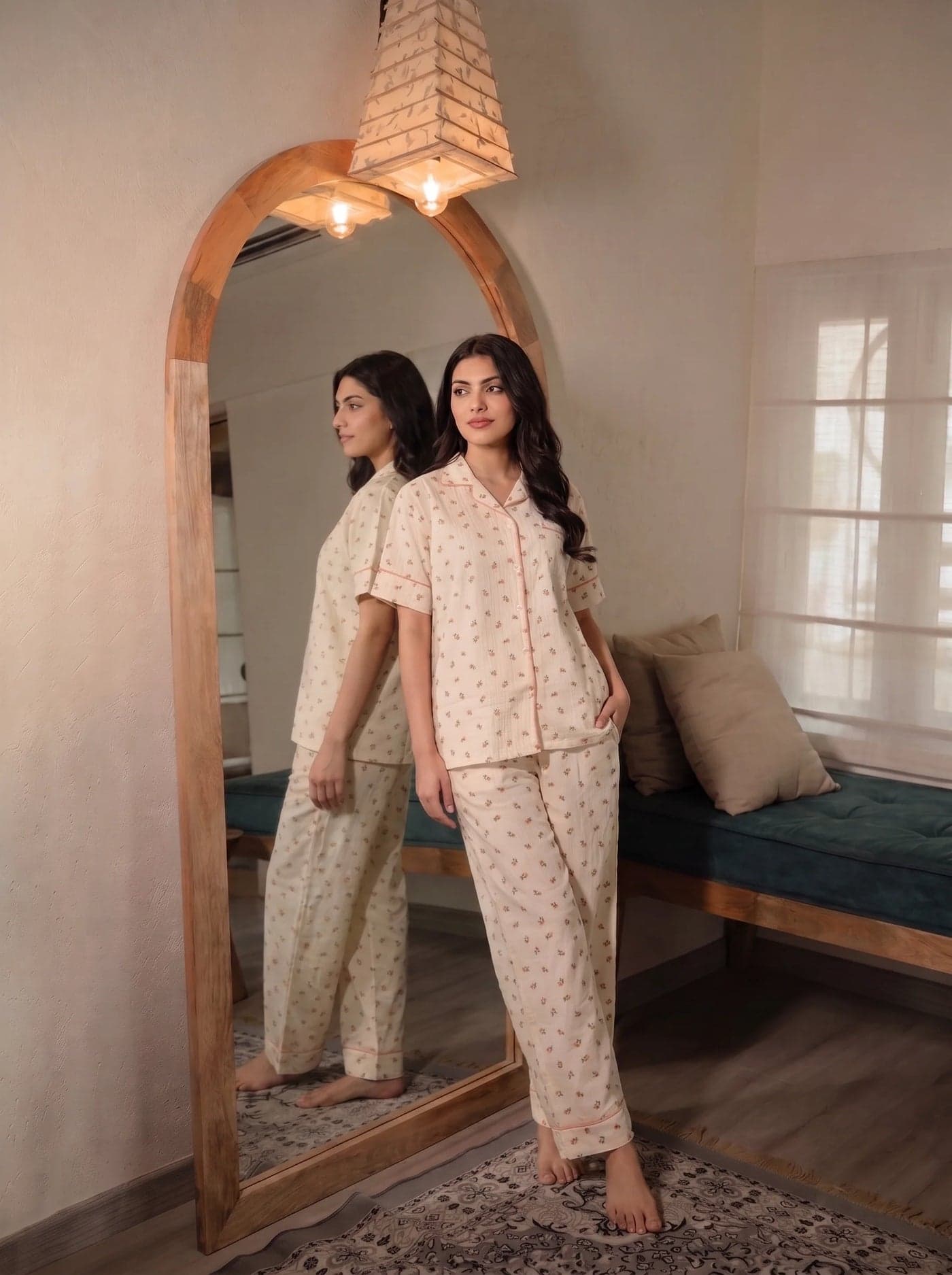Beige and Peach Floral Crinkled Cotton PJ Set for Women - view 8