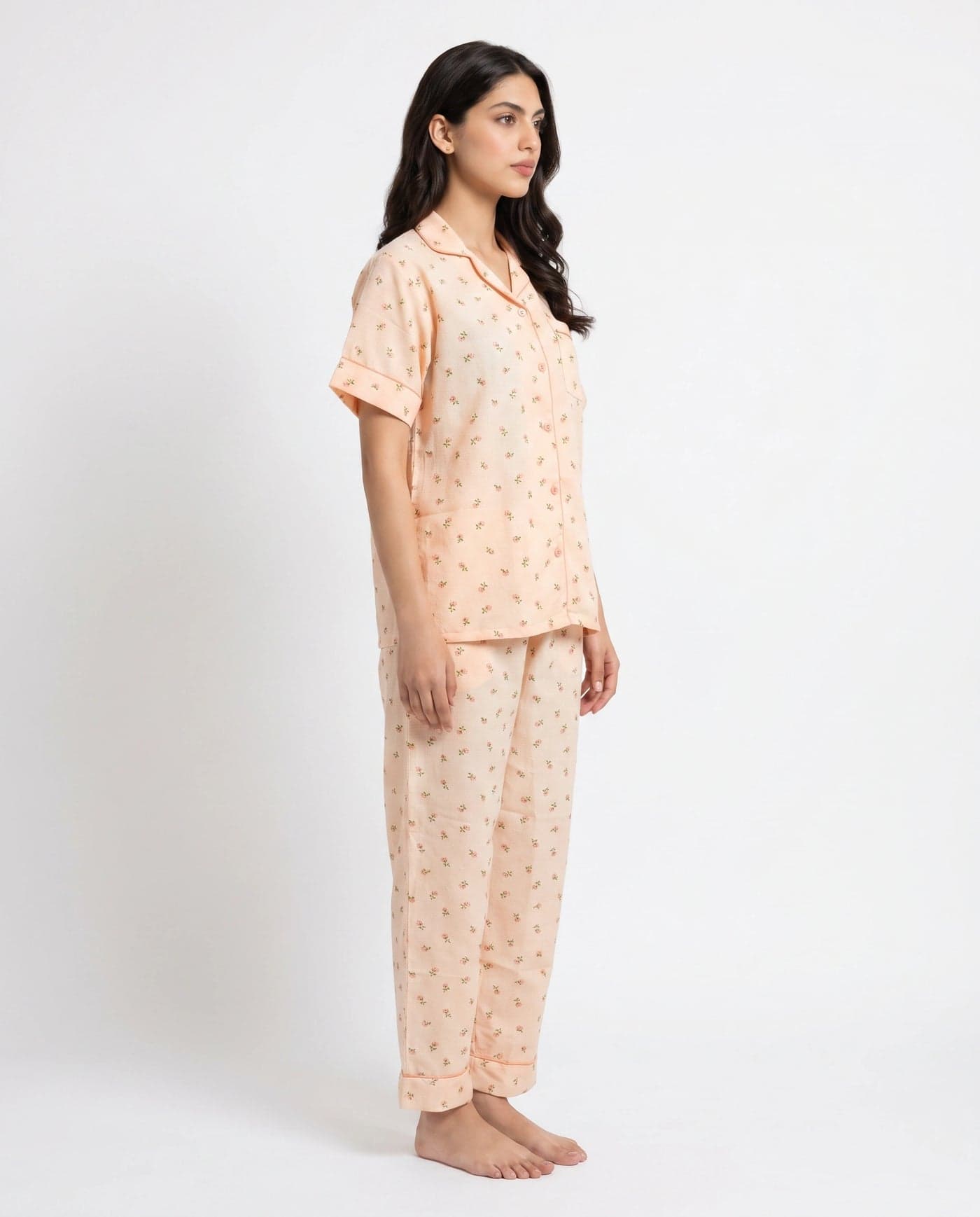 Peach Floral Crinkled Cotton PJ Set for Women - view 2