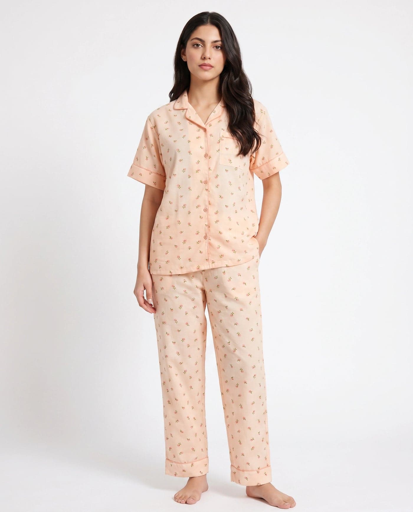 Peach Floral Crinkled Cotton PJ Set for Women - view 4