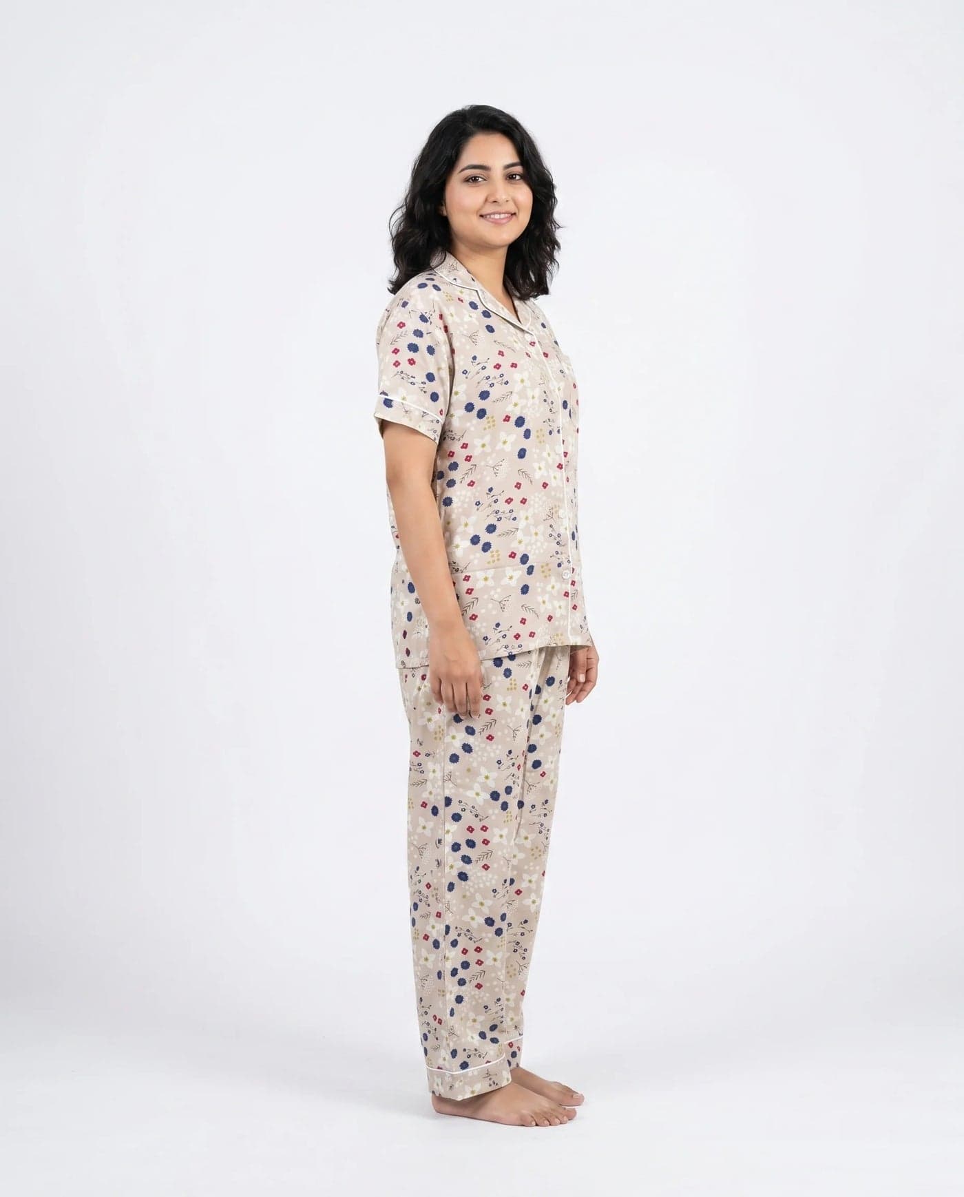 Beige Floral Linen PJ Set for Women - view 2
