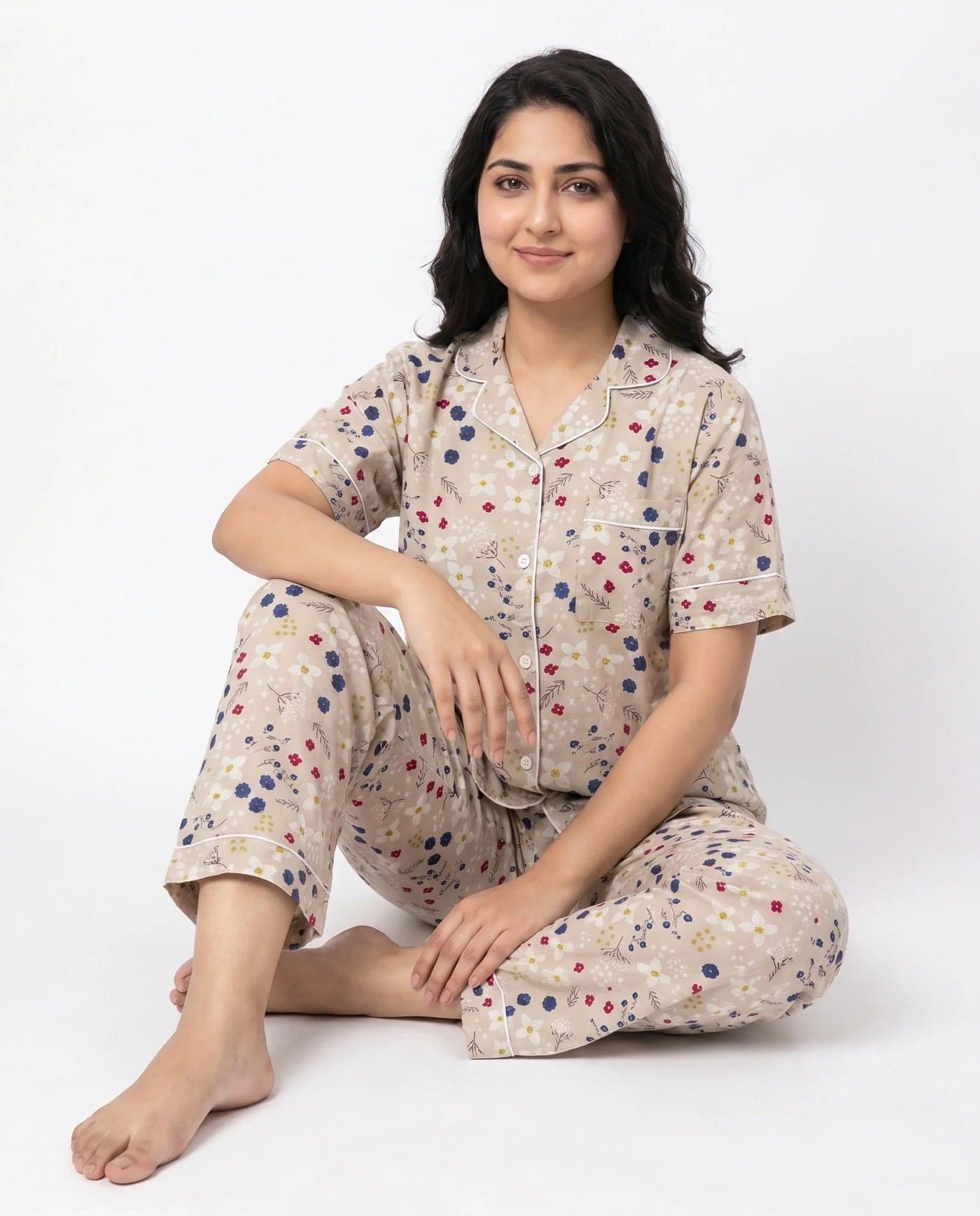 Beige Floral Linen PJ Set for Women - view 3