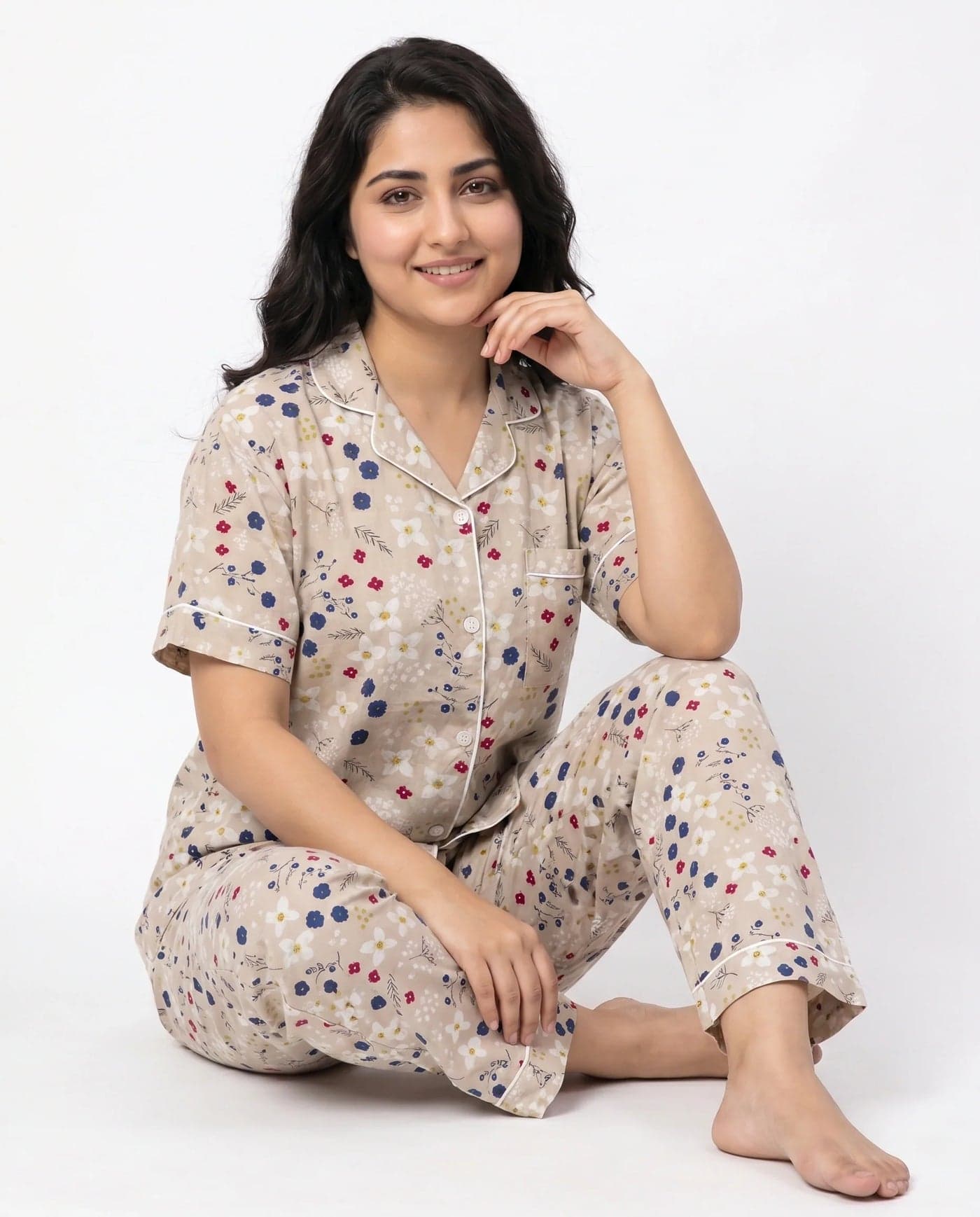 Beige Floral Linen PJ Set for Women - view 4