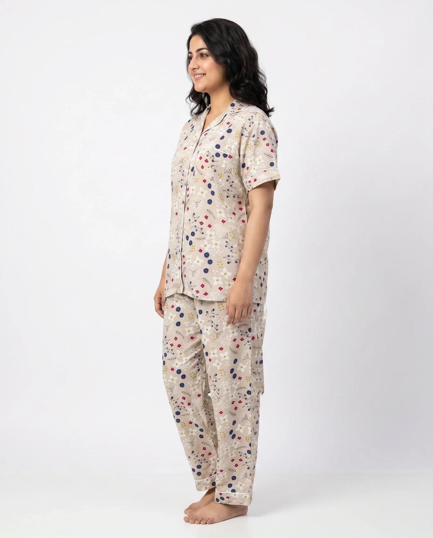Beige Floral Linen PJ Set for Women - view 5