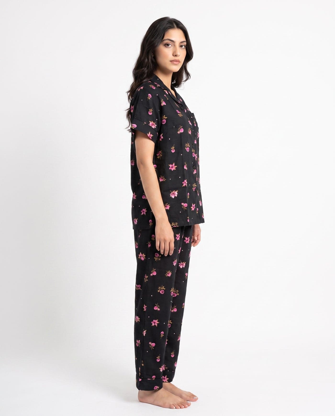Black and Pink Floral Half Sleeve Linen PJ Set for Women - view 2