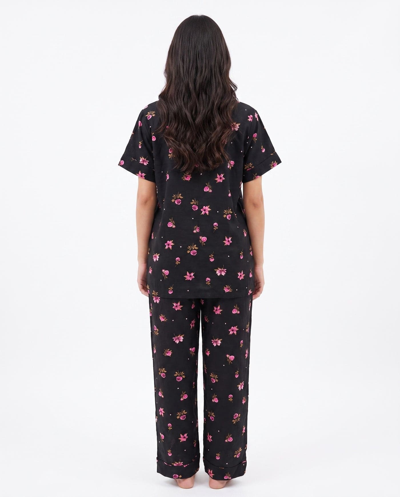 Black and Pink Floral Half Sleeve Linen PJ Set for Women - view 3