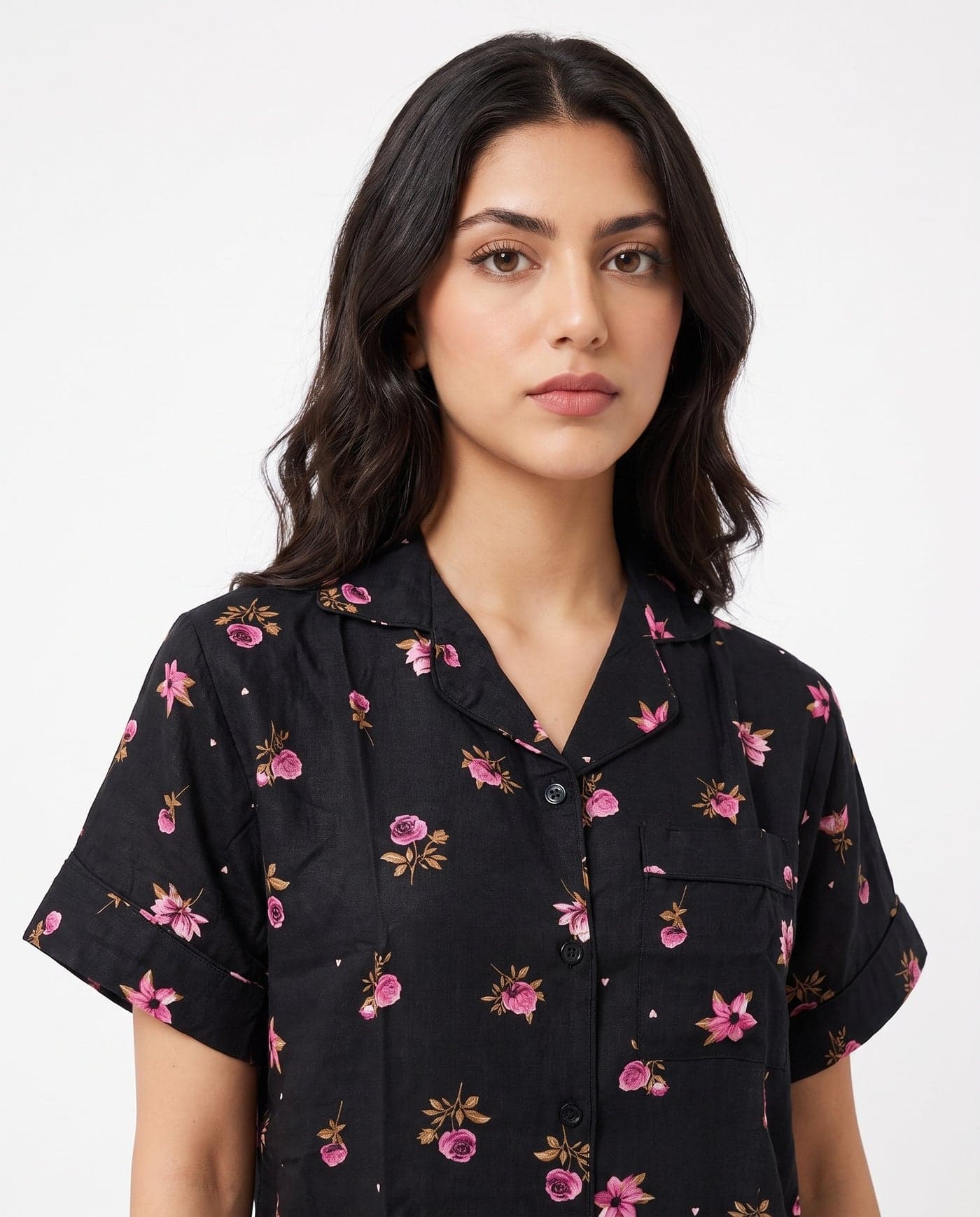 Black and Pink Floral Half Sleeve Linen PJ Set for Women - view 4