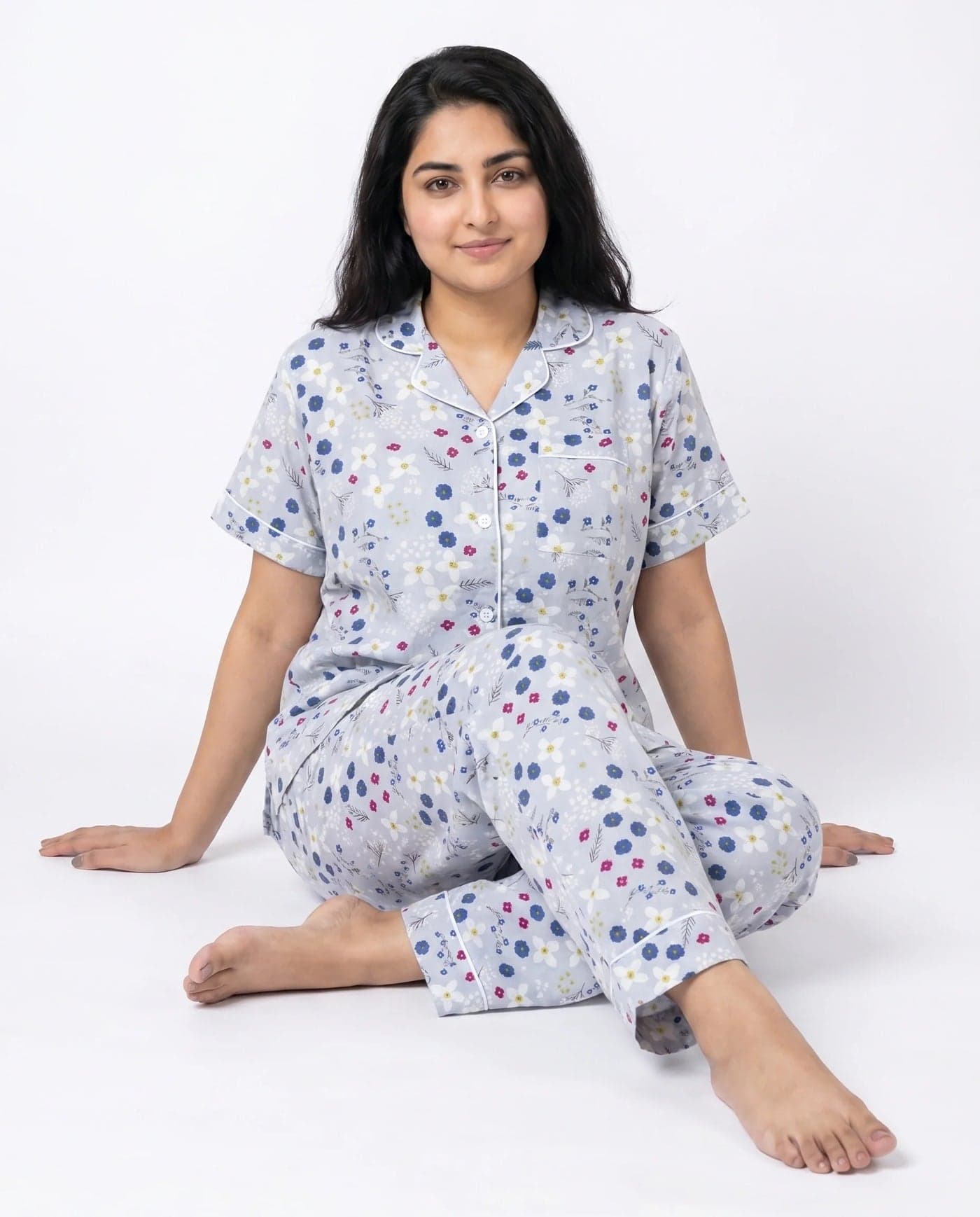 Grey and Navy Blue Floral Linen PJ Set for Women - view 2