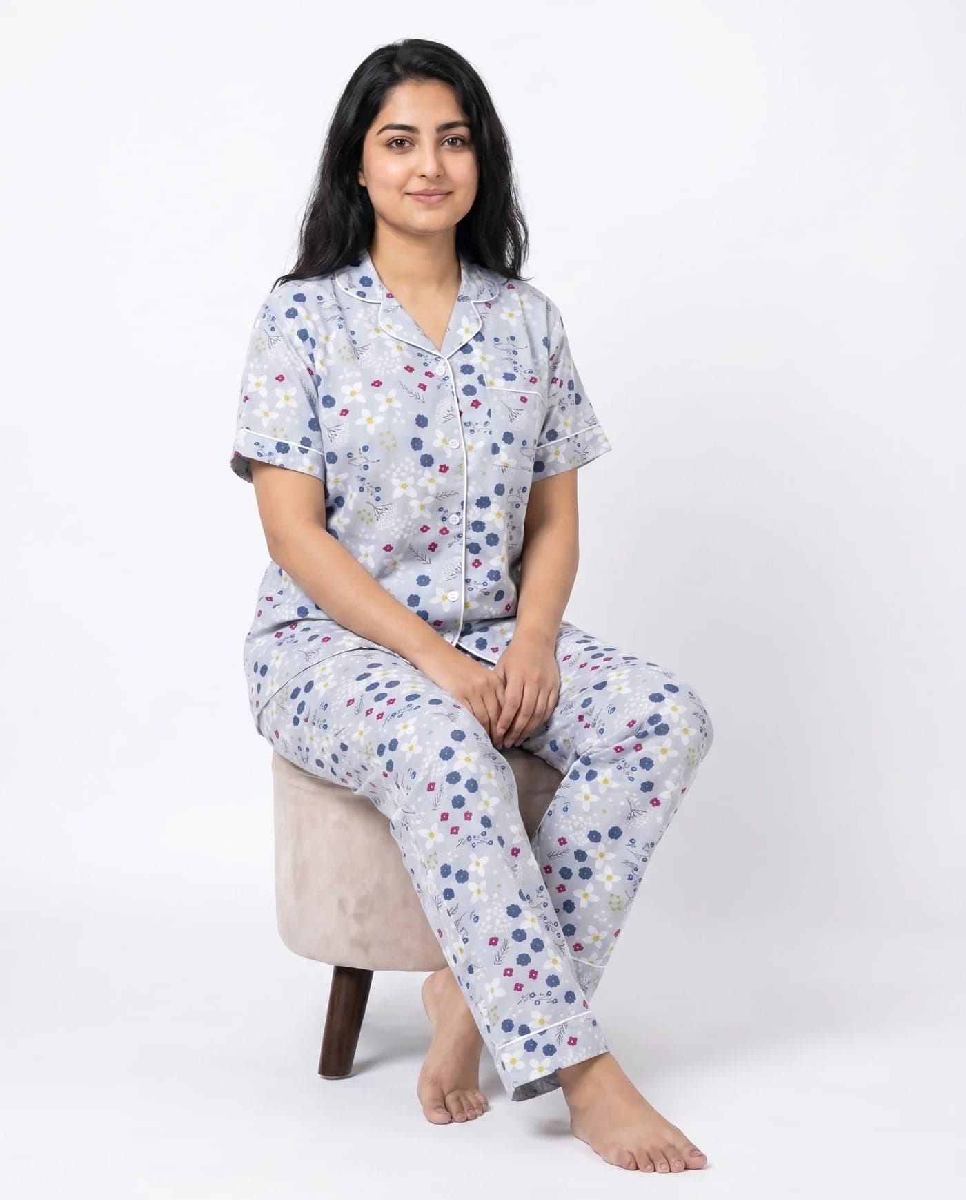 Grey and Navy Blue Floral Linen PJ Set for Women - view 3