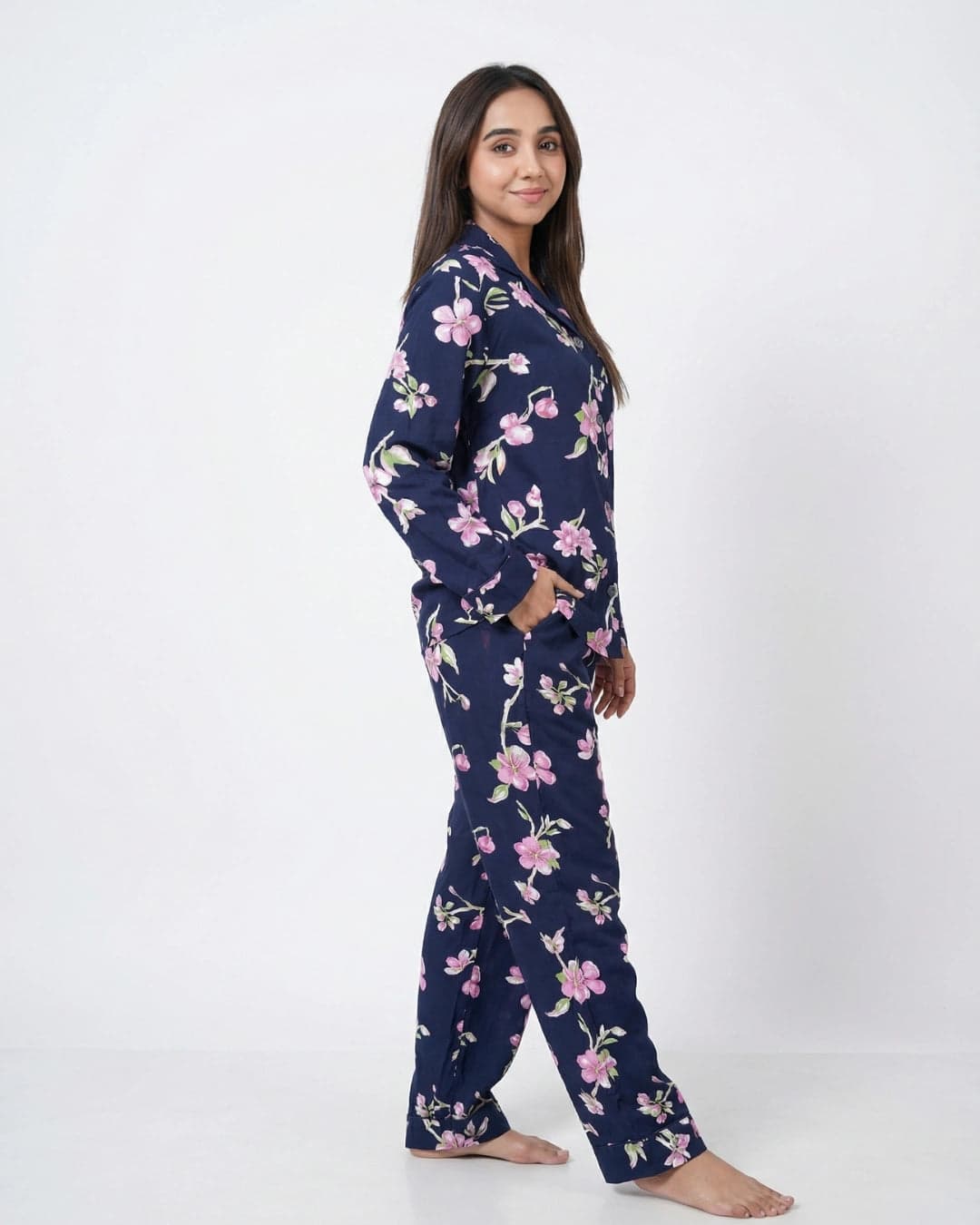 Navy Blue and Pink Floral Full Sleeve Linen PJ Set for Women - view 2