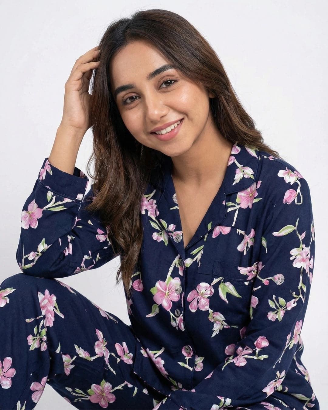 Navy Blue and Pink Floral Full Sleeve Linen PJ Set for Women - view 3