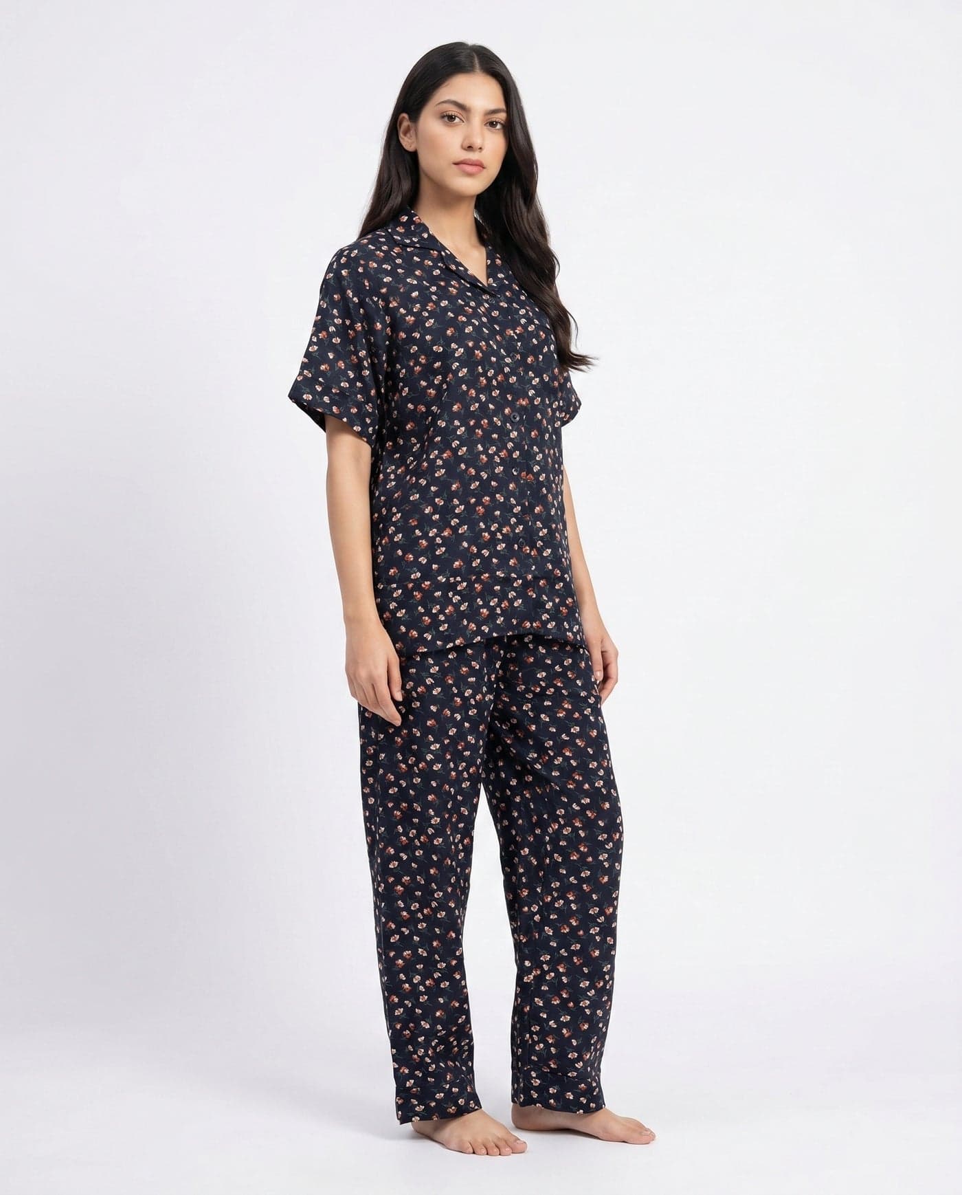 Black Floral Half Sleeve Linen PJ Set for Women - view 2