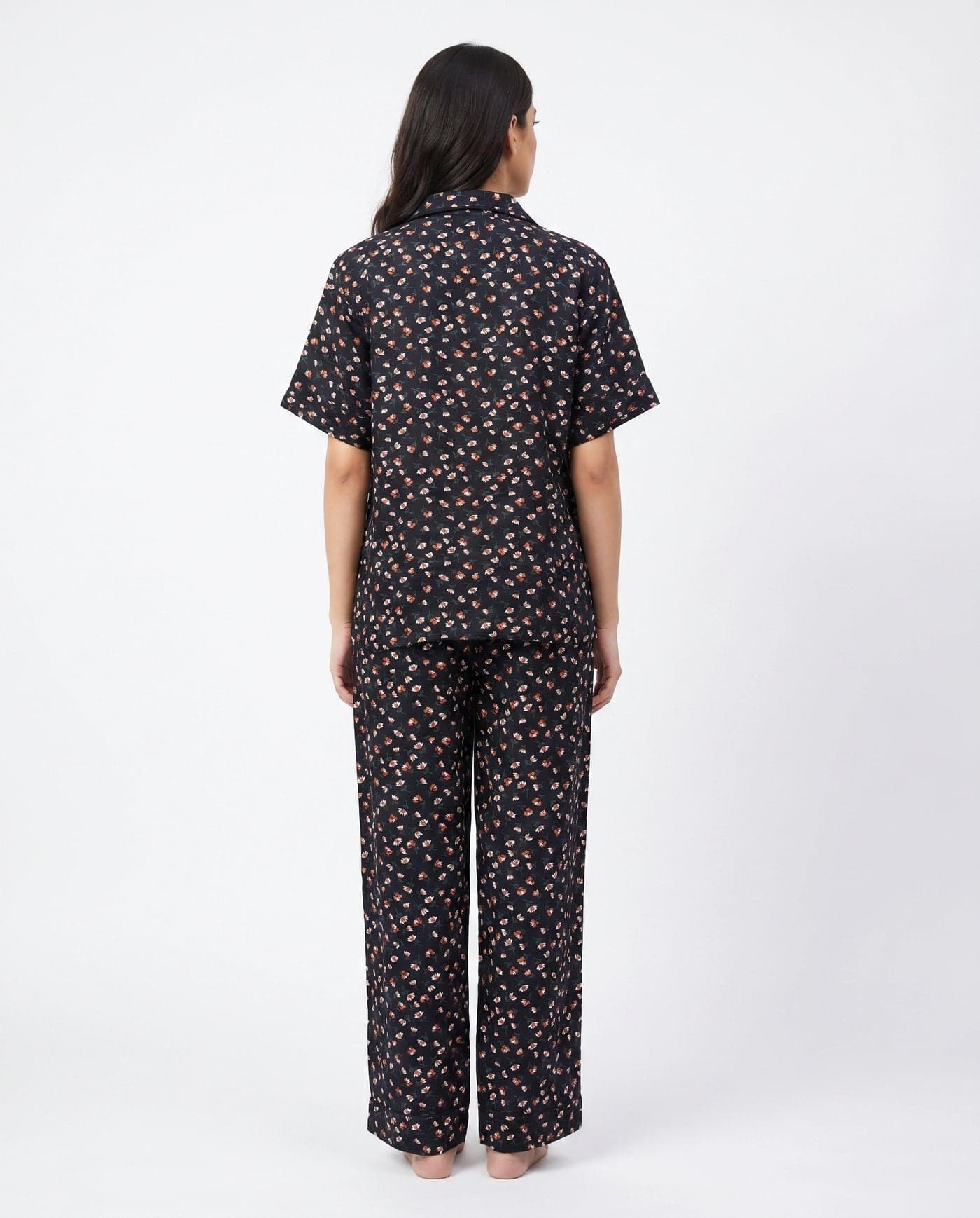 Black Floral Half Sleeve Linen PJ Set for Women - view 3