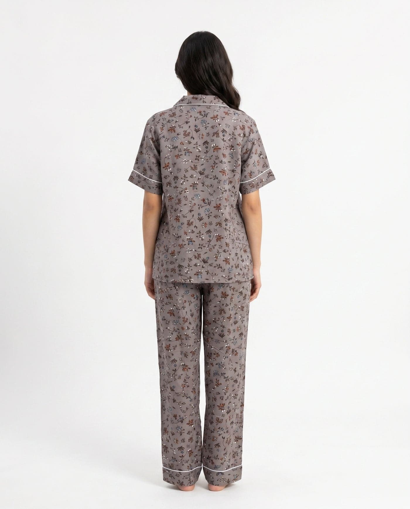 Grey and Brown Floral Linen PJ Set for Women - view 2