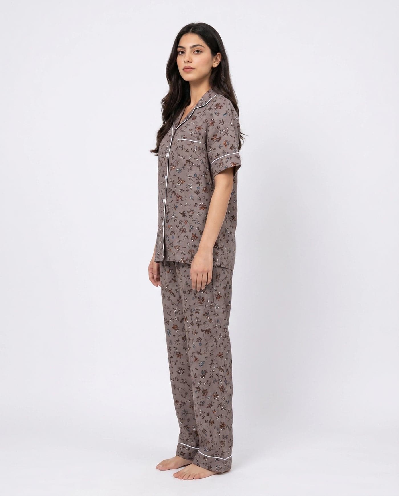 Grey and Brown Floral Linen PJ Set for Women - view 3