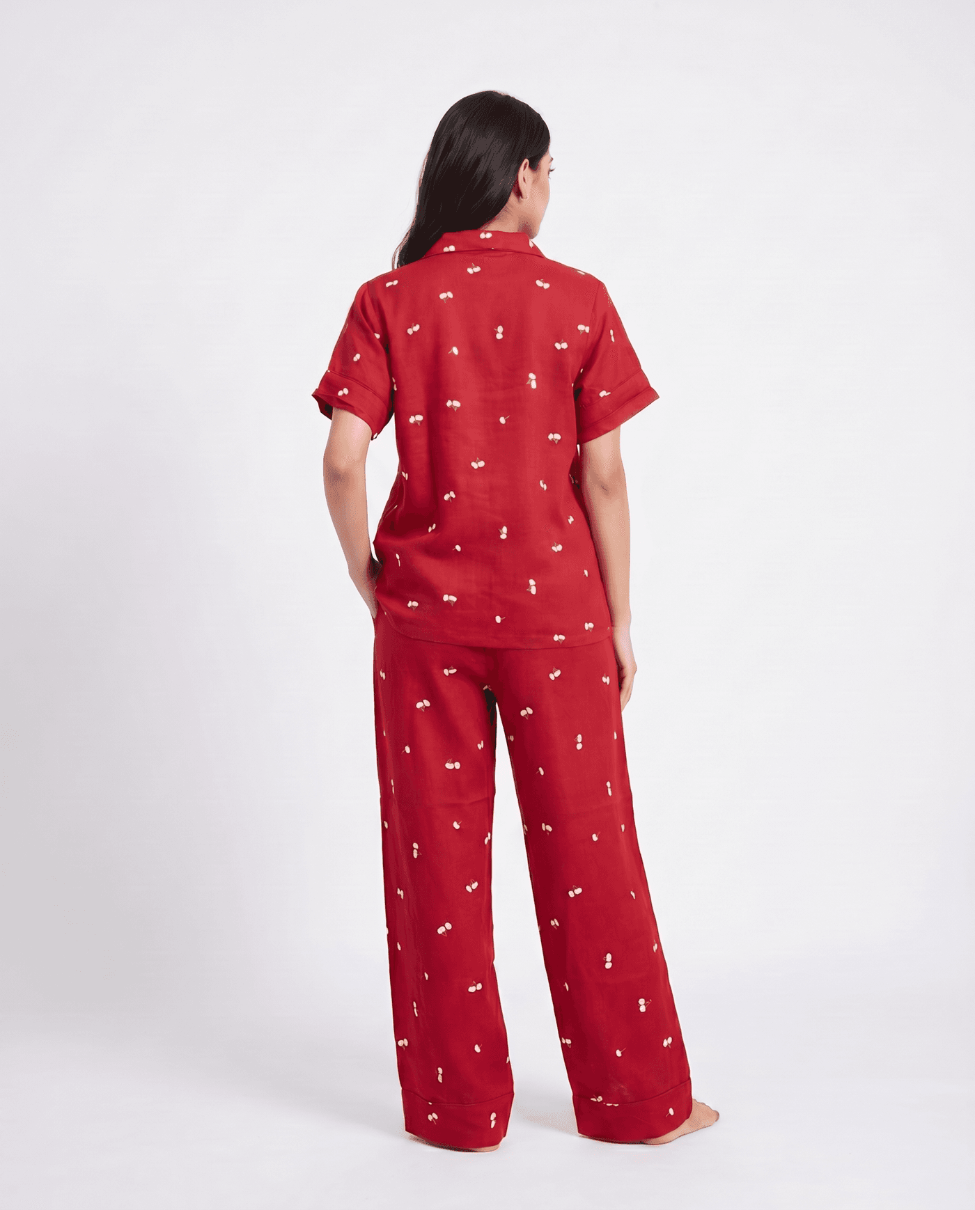 Red Floral Linen PJ Set for Women - view 2