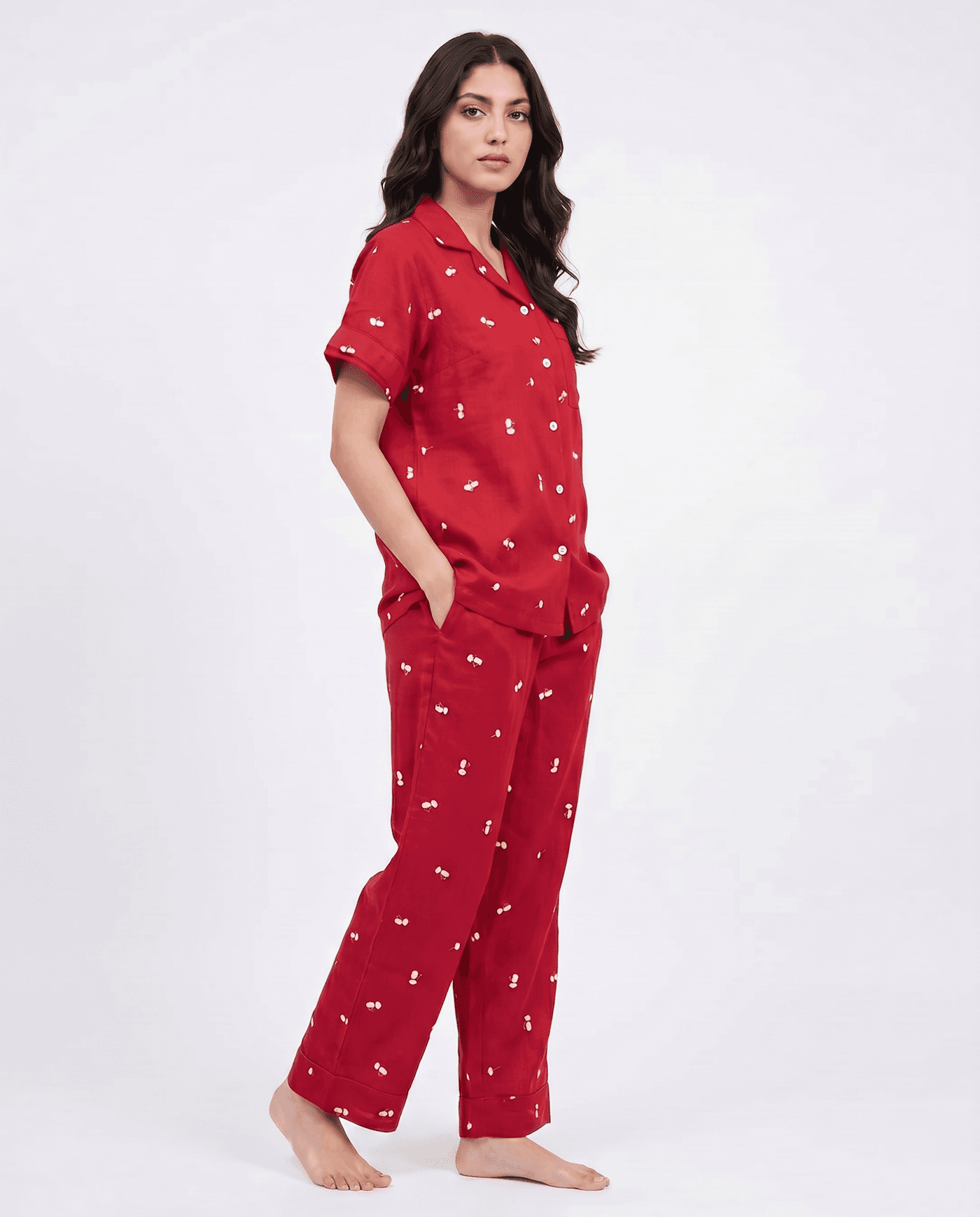 Red Floral Linen PJ Set for Women - view 3