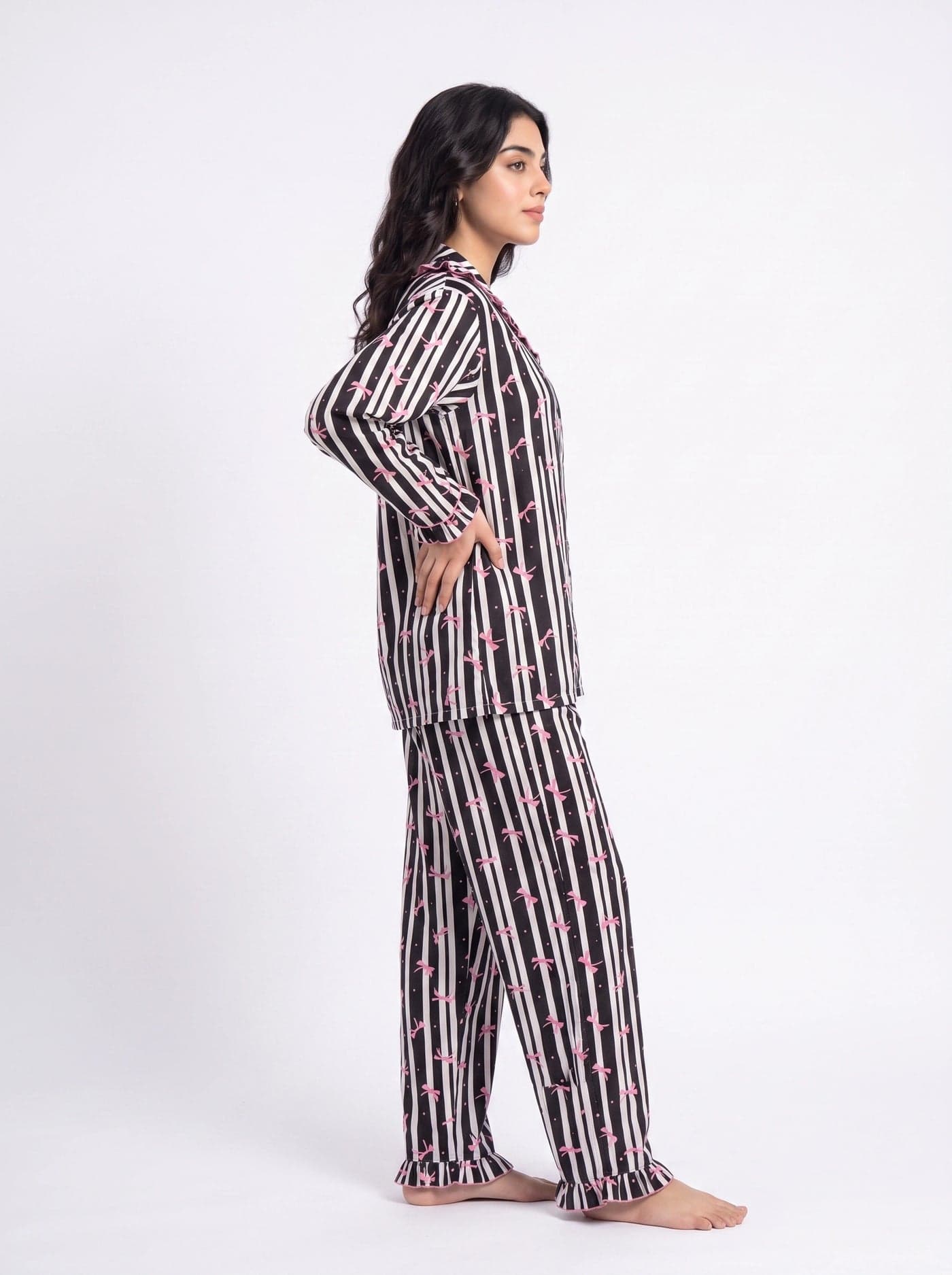 Black Bow Striped Linen PJ Set for Women - view 2