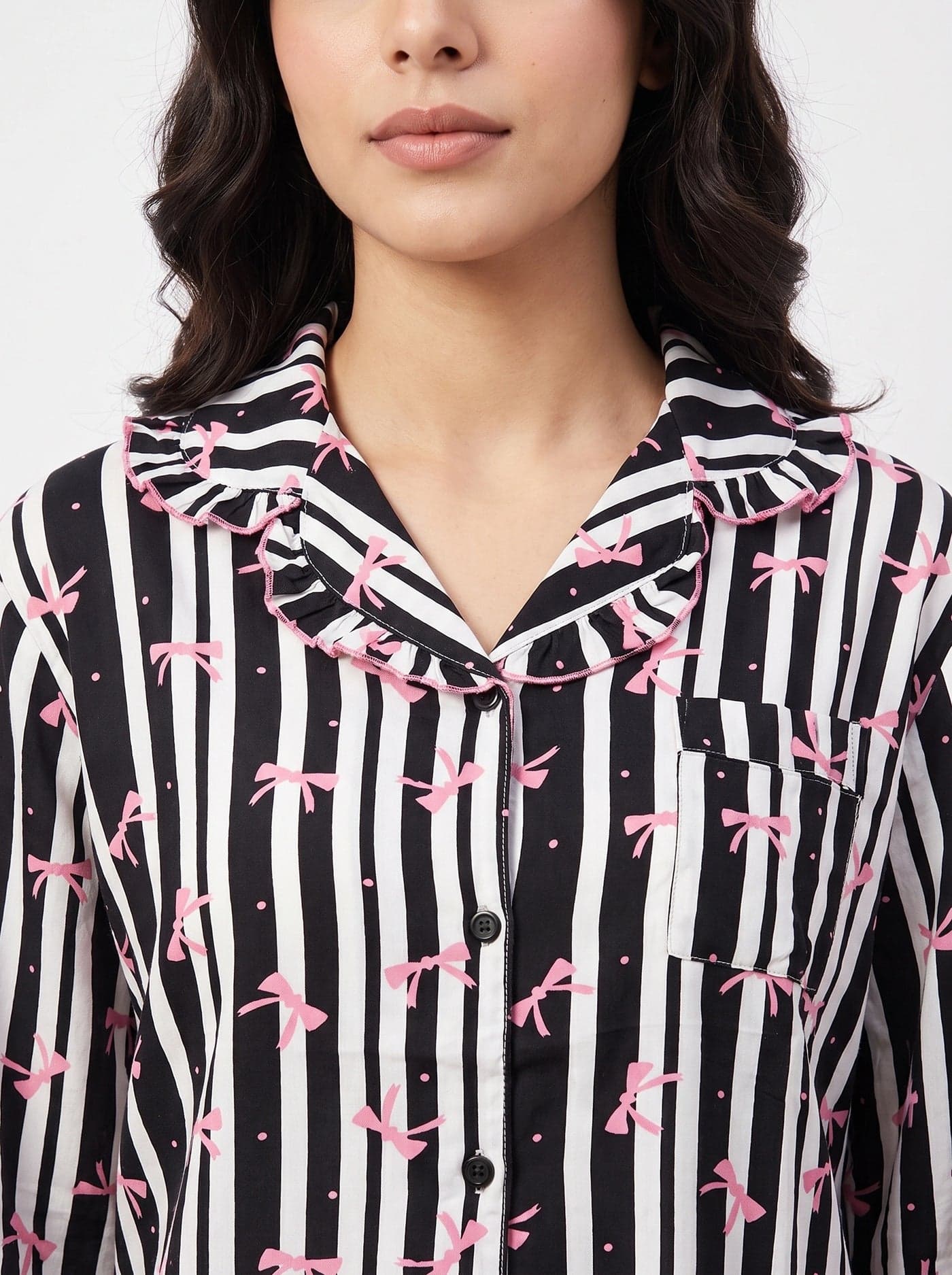 Black Bow Striped Linen PJ Set for Women - view 4