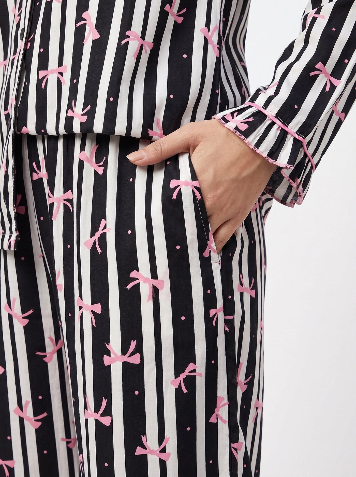 Black Bow Striped Linen PJ Set for Women - view 5