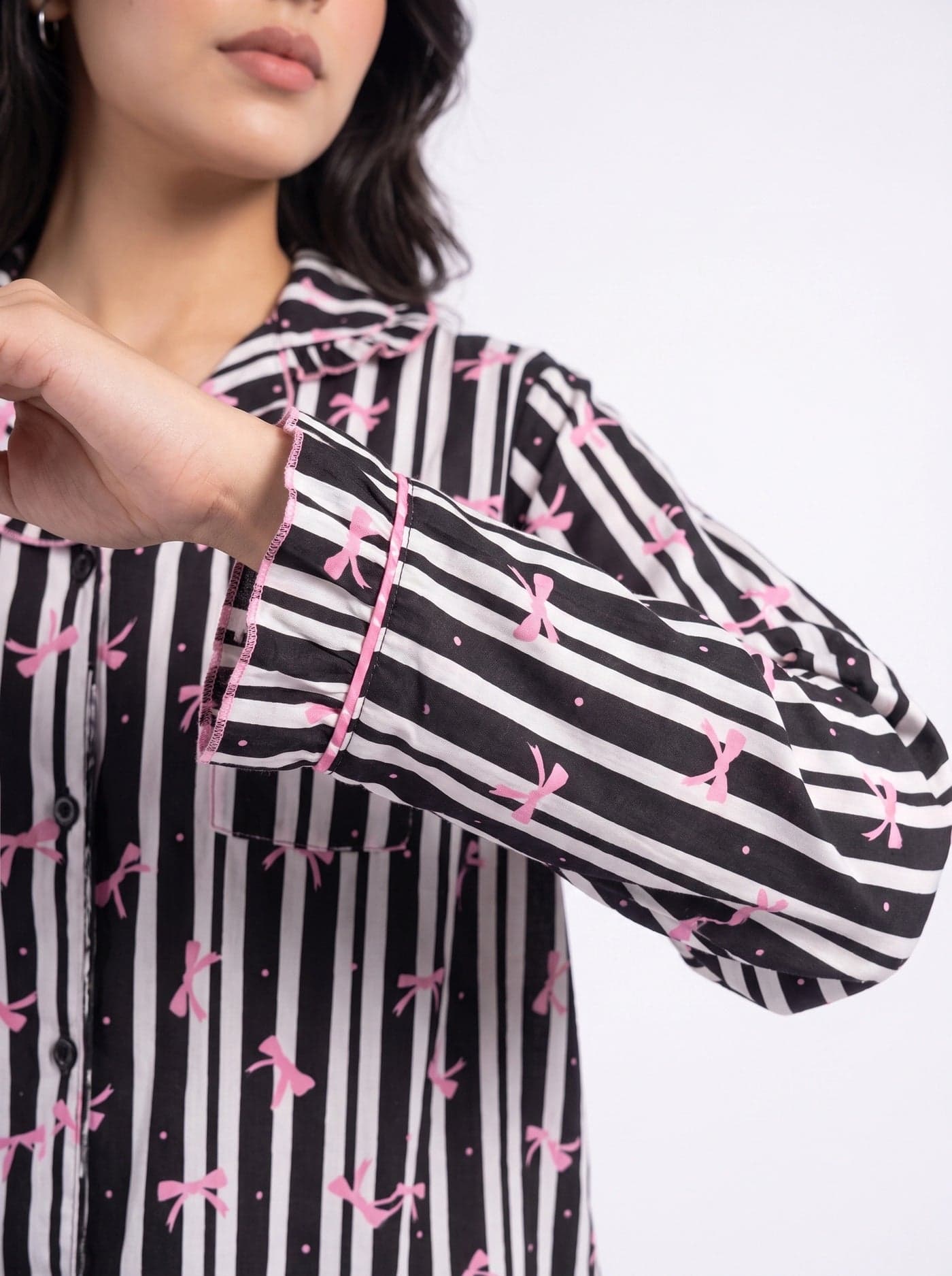 Black Bow Striped Linen PJ Set for Women - view 6